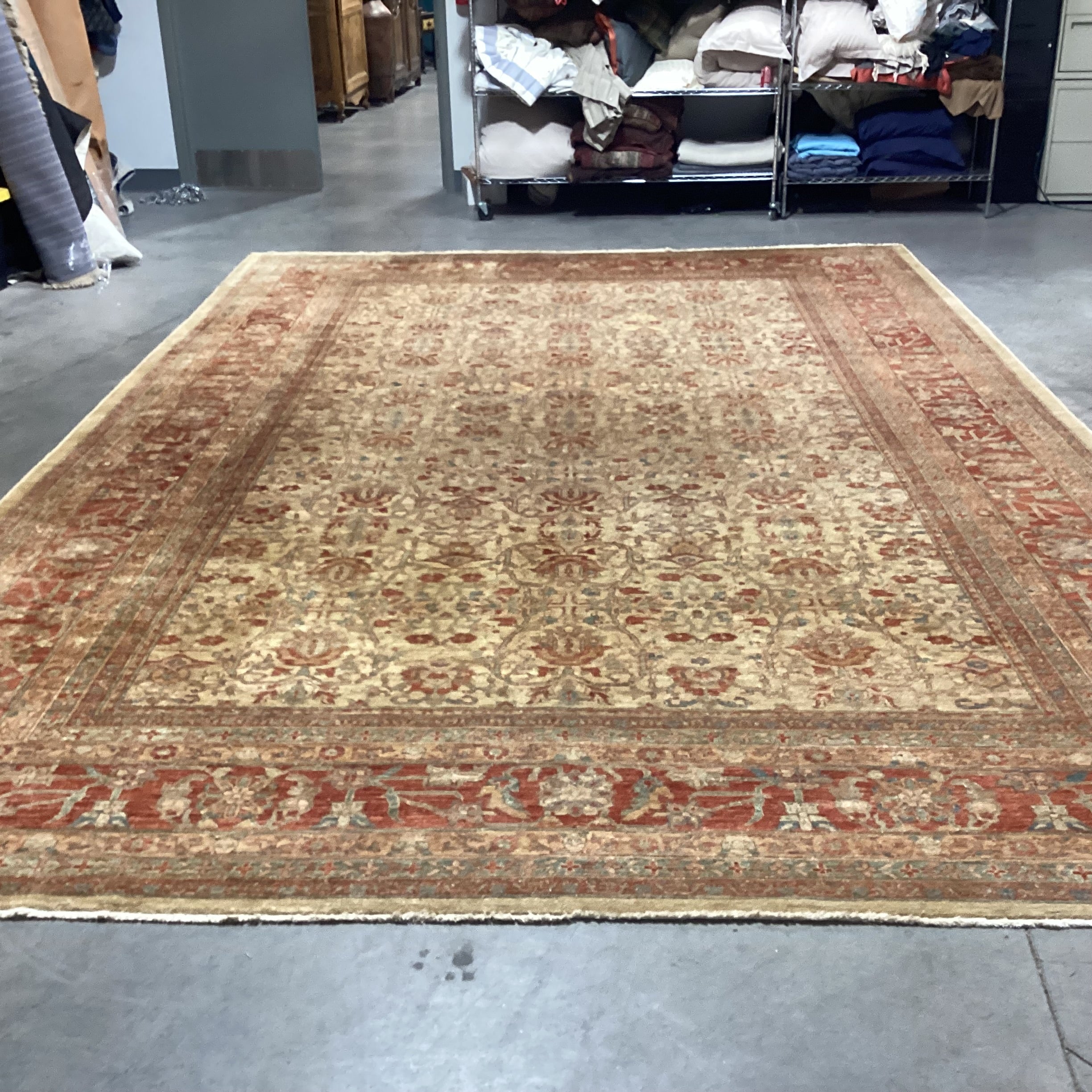 Golden Tan Rust & Blue Hand Woven Wool Rug 12'x 18'