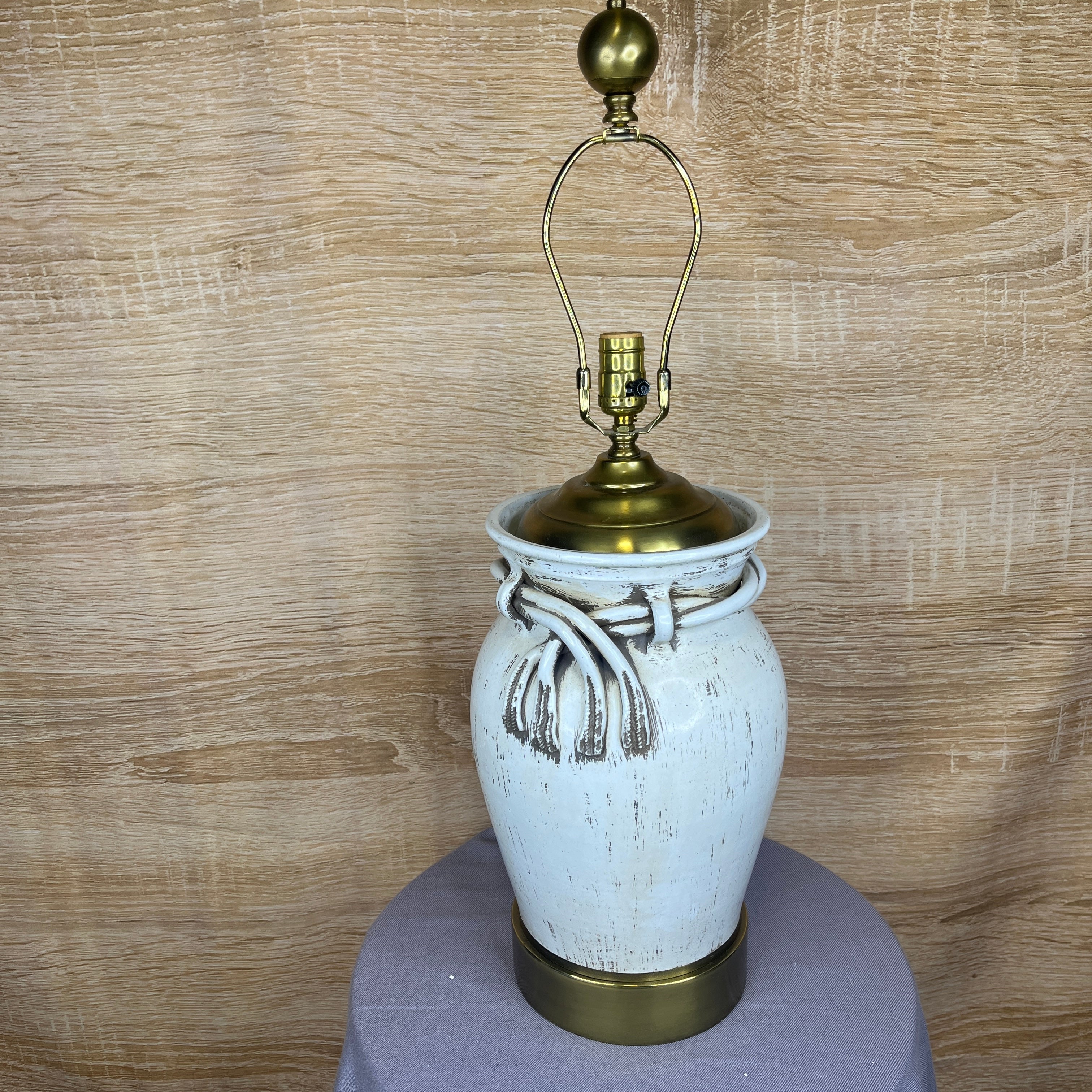 Paul Hanson Style Distressed Rope Pottery Urn and Brass without Shade Table Lamp 10" Diameter x 29"