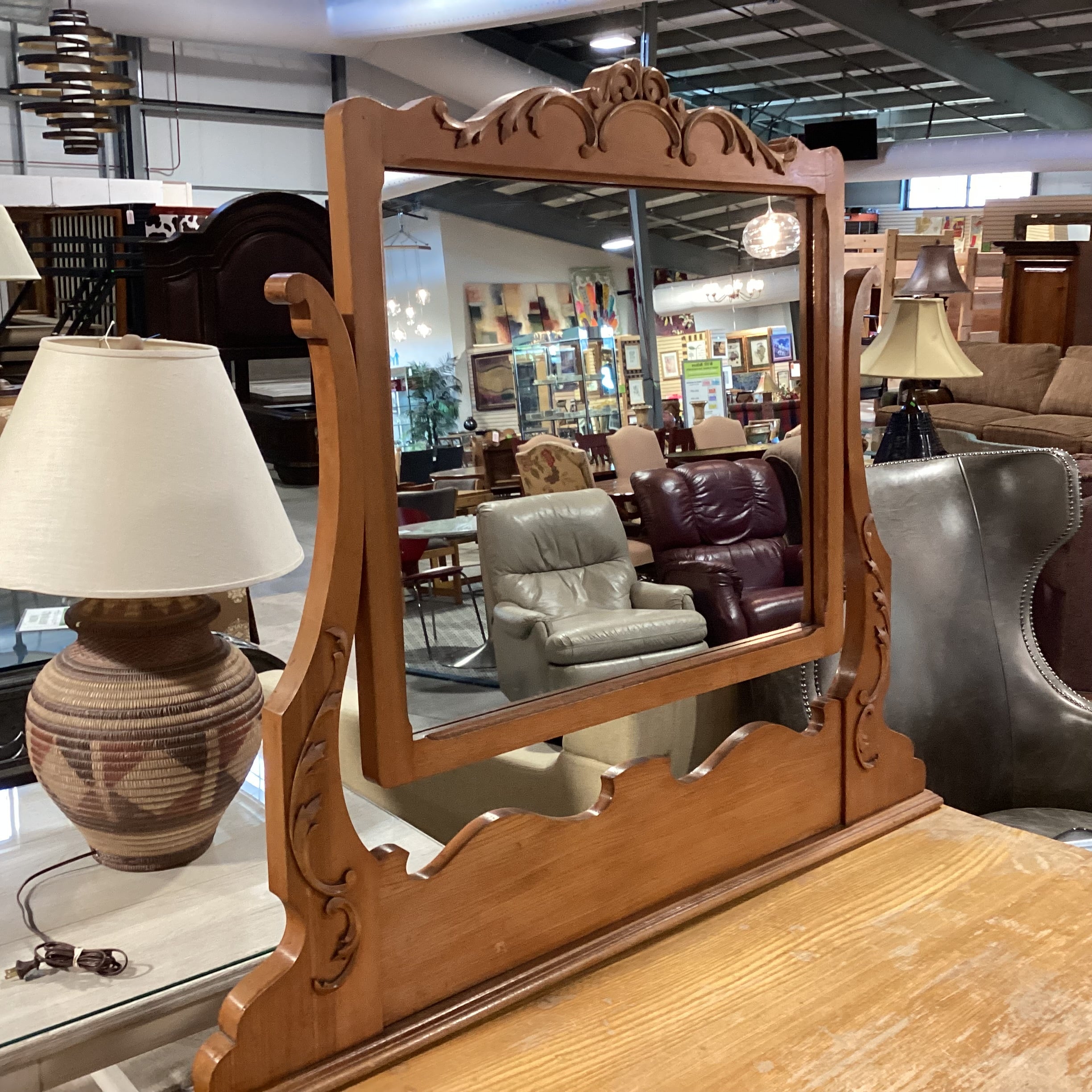 Antique Light Finish Wood 4 Drawer with Ornate Mirror Chest 43"x 22"x 67"