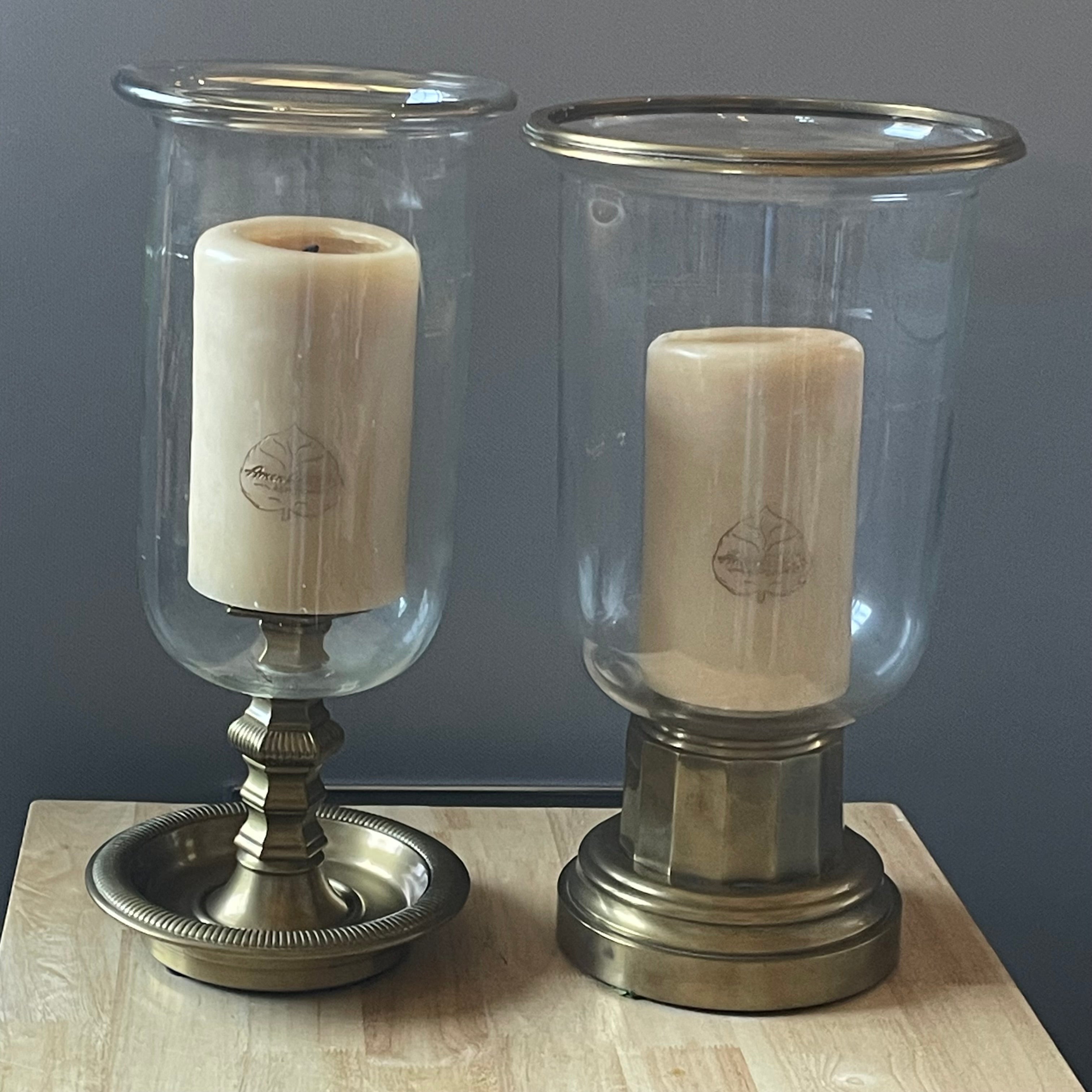 Amen Wardy Vintage Heavy Brass Hurricane Candle Holders, Pair