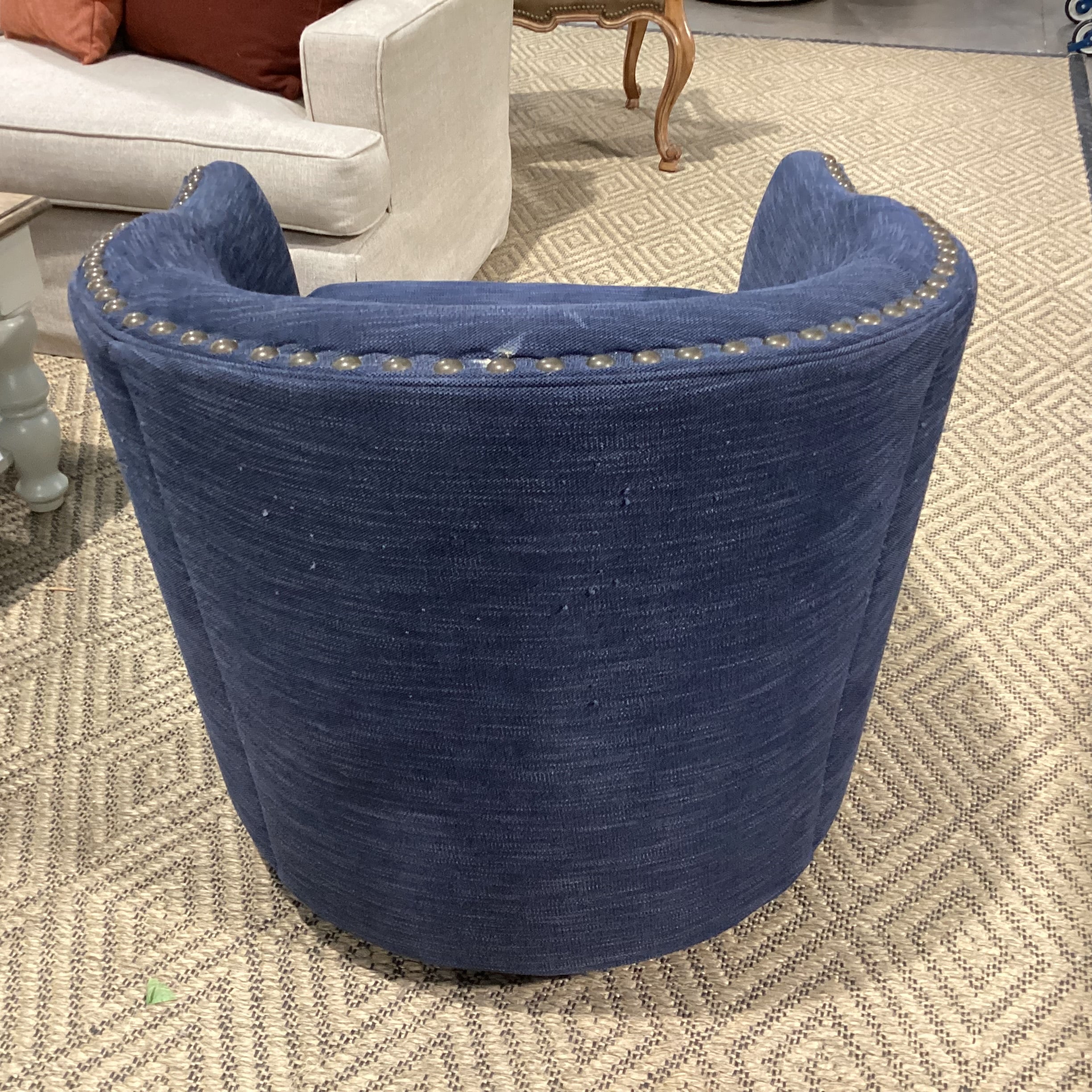Bauhaus Furniture Woven Denim Look & Nailhead Barrel Swivel Chair 32"x 34"x 30"