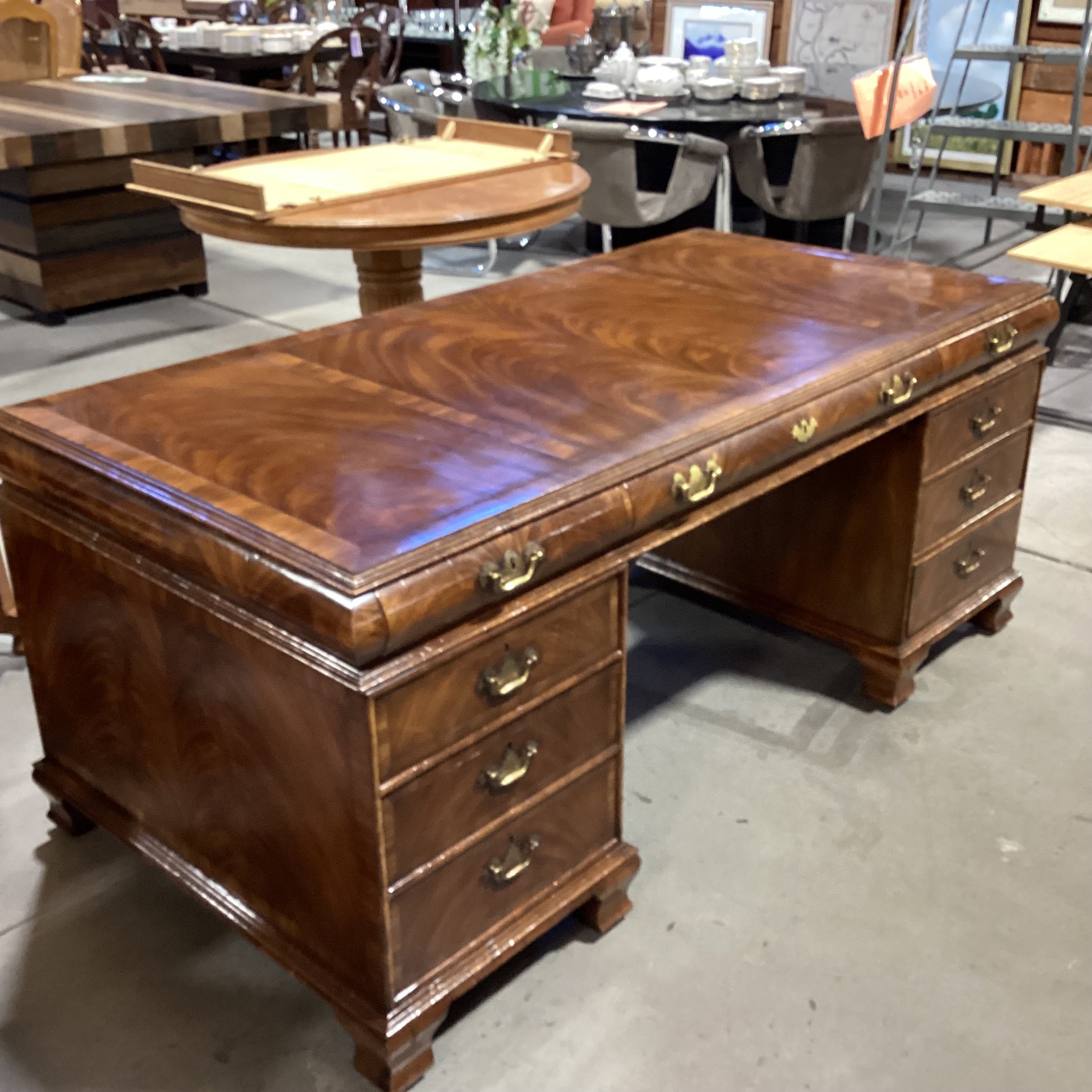 Alfonso Marina Ebastina Delaware Antiqued Primavera Wood & Brass 8 Drawer Desk 73"x 36"x 31"