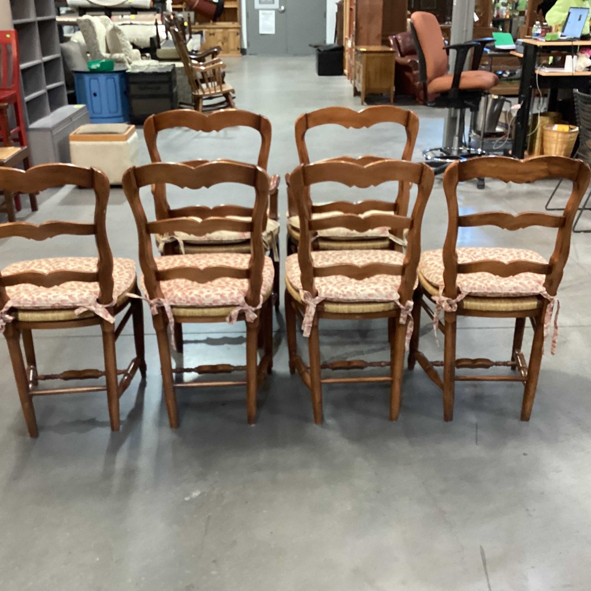 Set of 6 Carved Wood with Rush Seat & Floral Seat Cushion Dining Chairs 21"x 21"x 38"