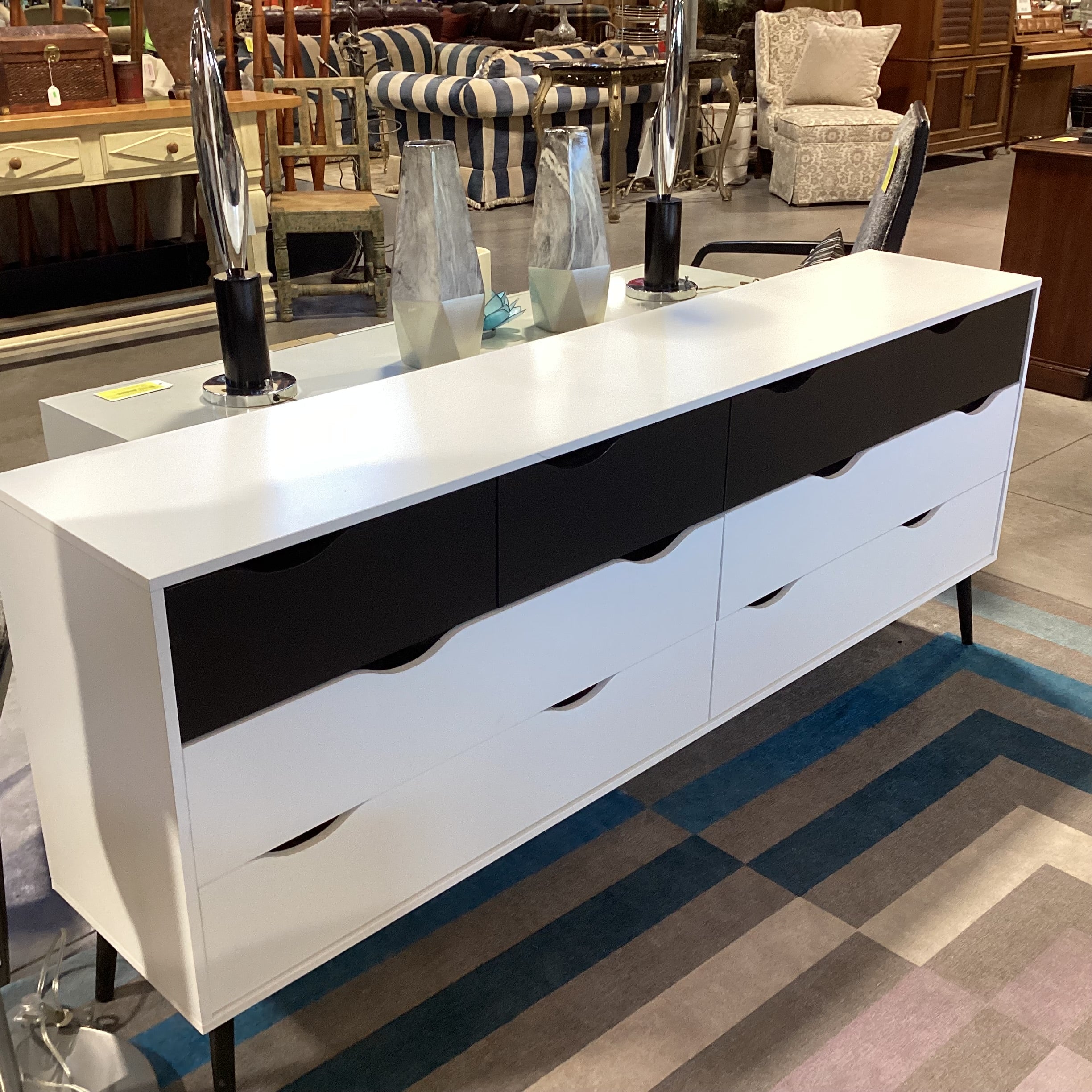 Danish Modern Black & White Laminate 8 Drawer Dresser 77"x 15.5"x 32"