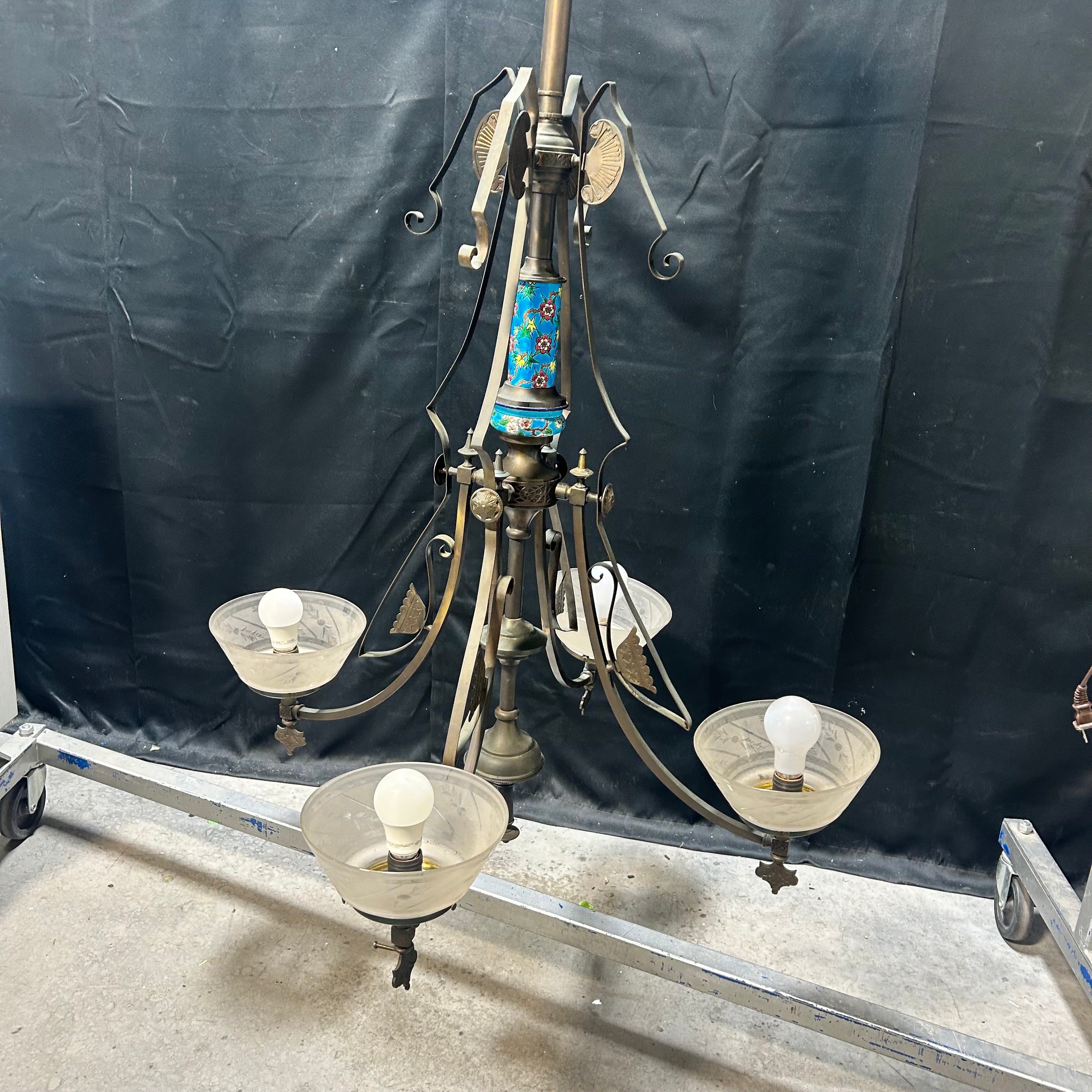 4-Light Aesthetic Eastlake Gas Chandelier Circa 1870  With Ceramic and Etched Glass 33"x 57"