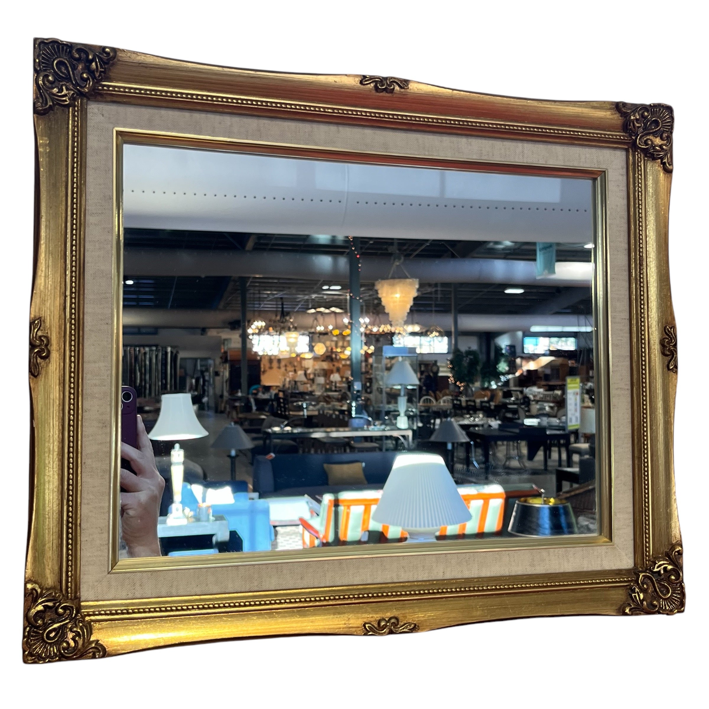 Gold Ornate Frame with Linen Trim Wall Mirror; 15"x 18"