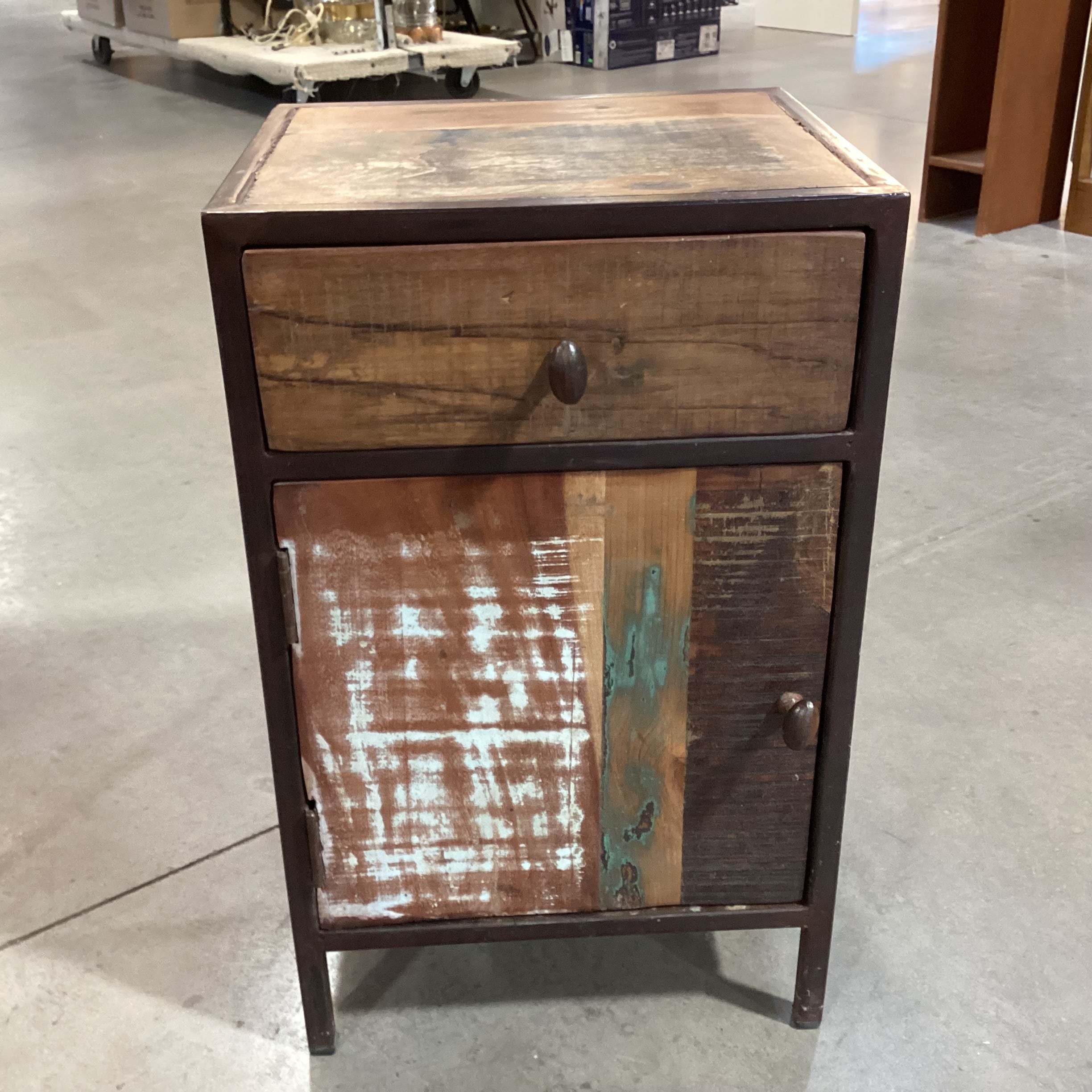 Rustic Distressed Wood & Iron 1 Drawer 1 Door End Table 16"x 14"x 26"
