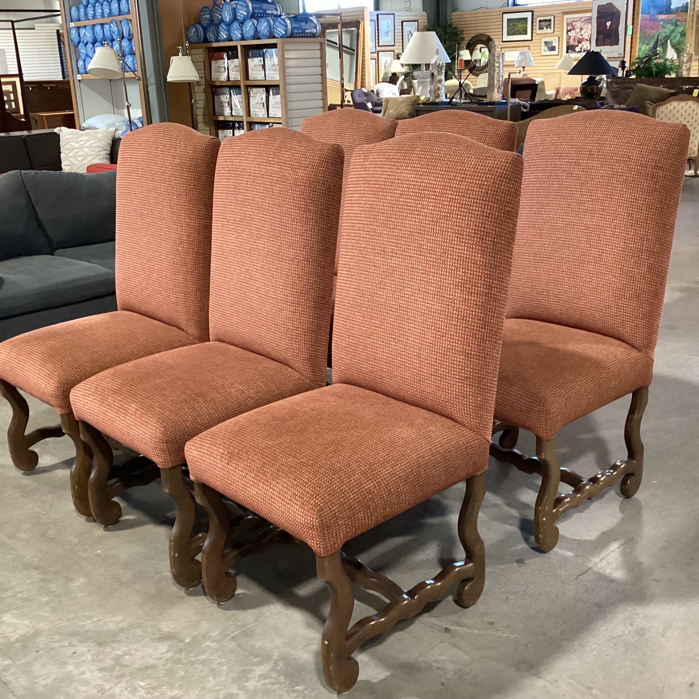 Set Of 6  Red Tan Woven Nailhead & Carved Wood Dining Chairs 21"x 26"x 46"