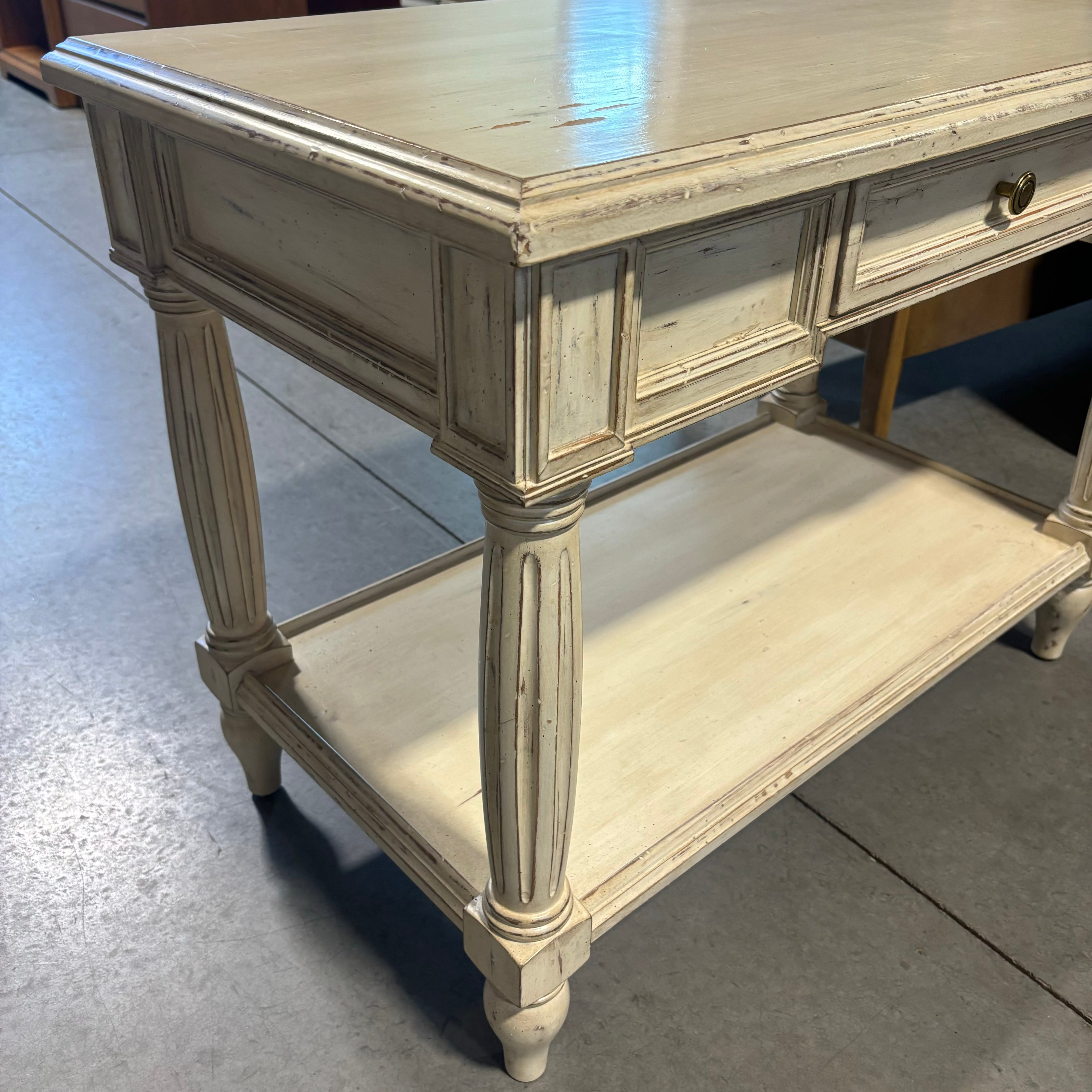 Vintage White Washed Wood 2 Tiered 1 Drawer End Table 36"x 20"x 27"