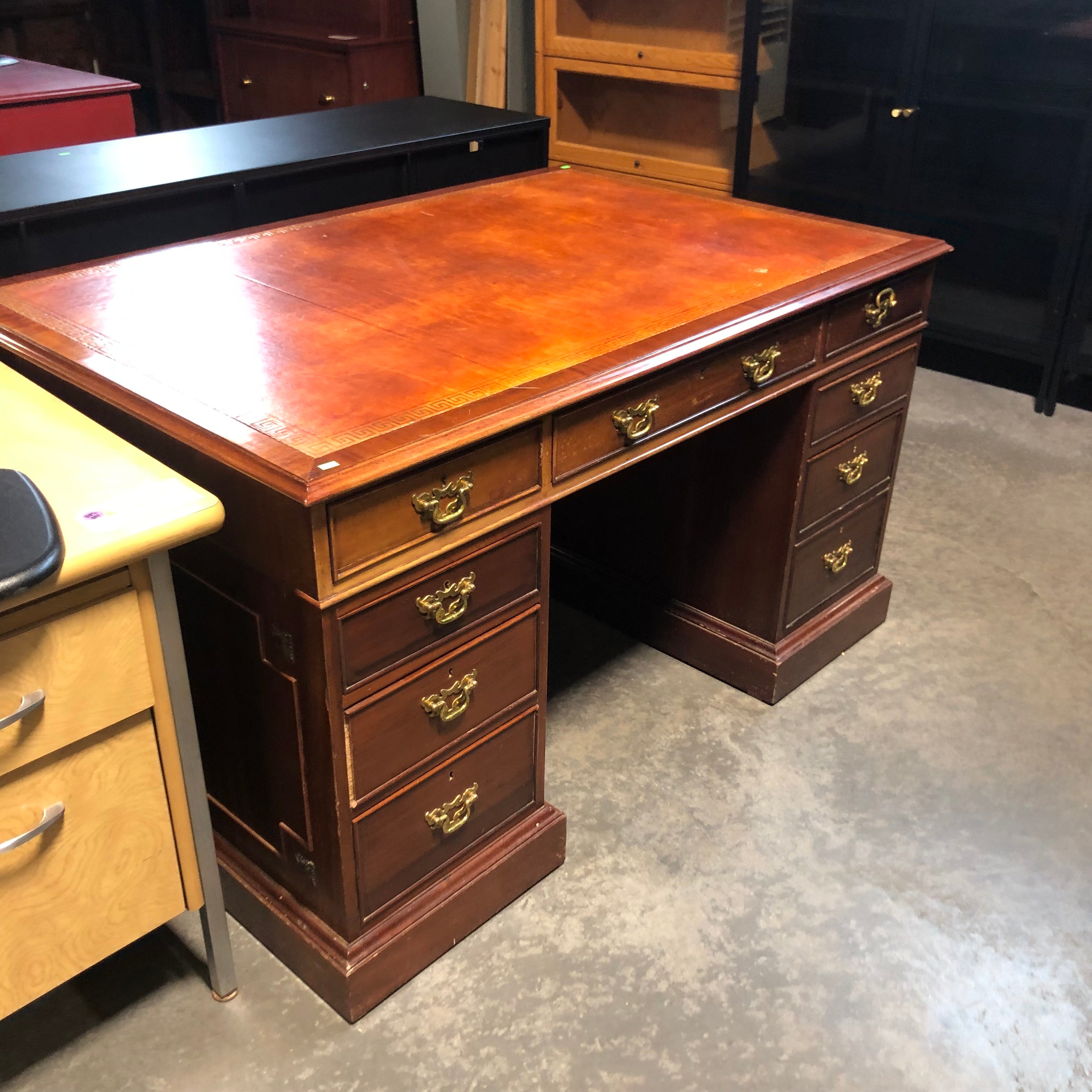 Solid Finished Desk With Leather Top and Brass Accents 55"x 36"x 31"