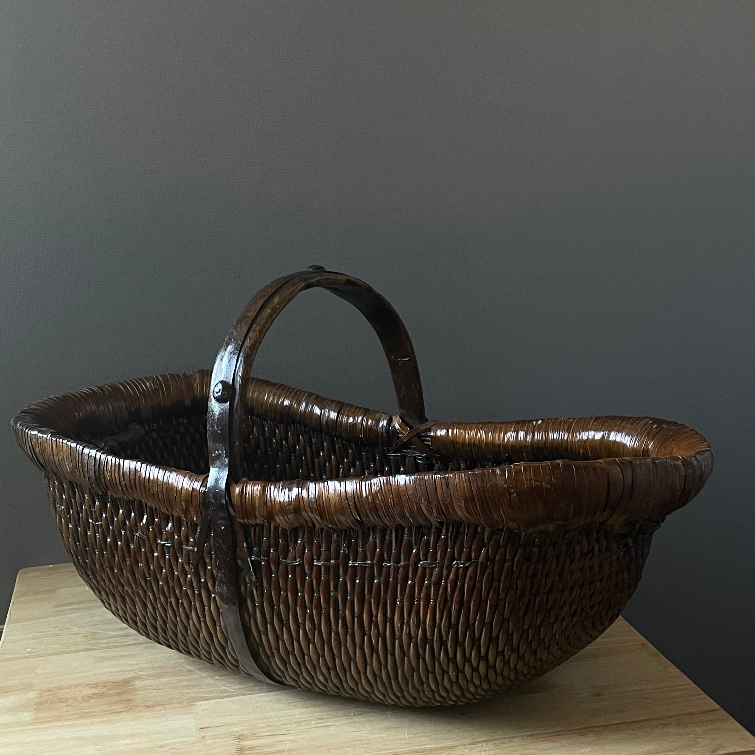 Vintage Chinese Woven Gathering Basket, 26"x 11.5"x 14.5"