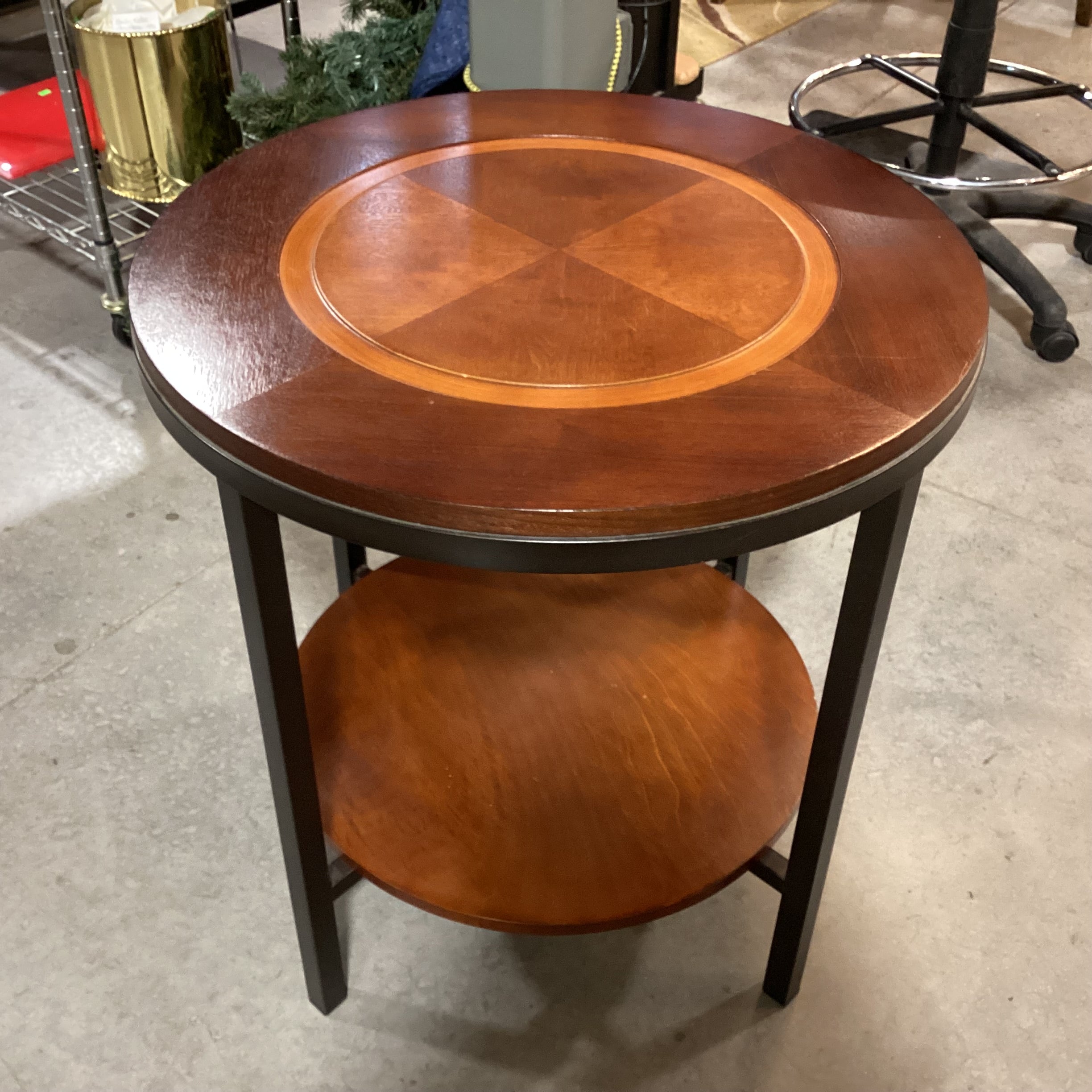 Round 2 Tiered 2 Tone Inlay Style Wood Veneer & Metal End Table 24" Diameter x 25"