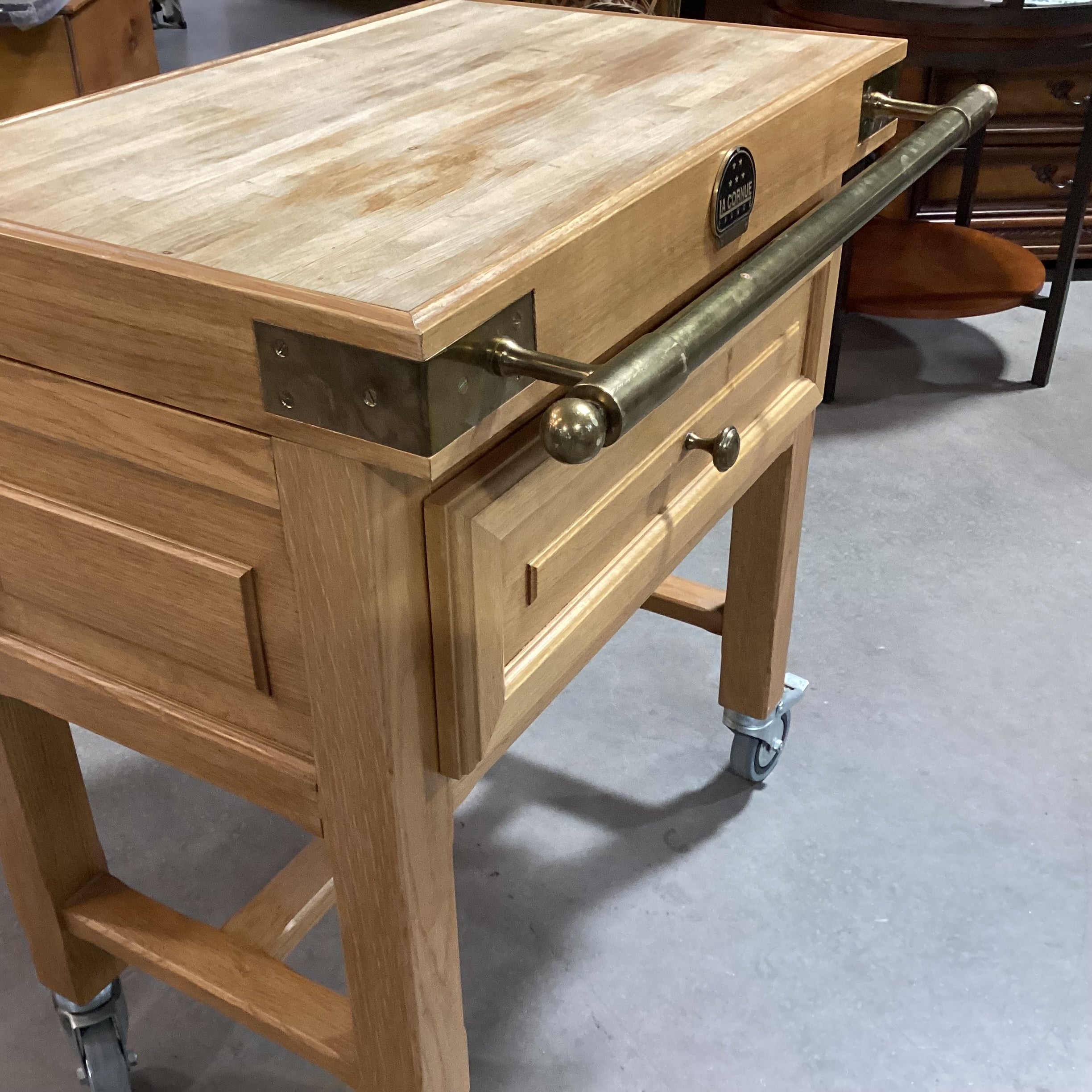 La Cornue Butcher Block & Brass on Casters 1 Drawer Cutting Board Island Buffet 28"x 25"x 32.5"