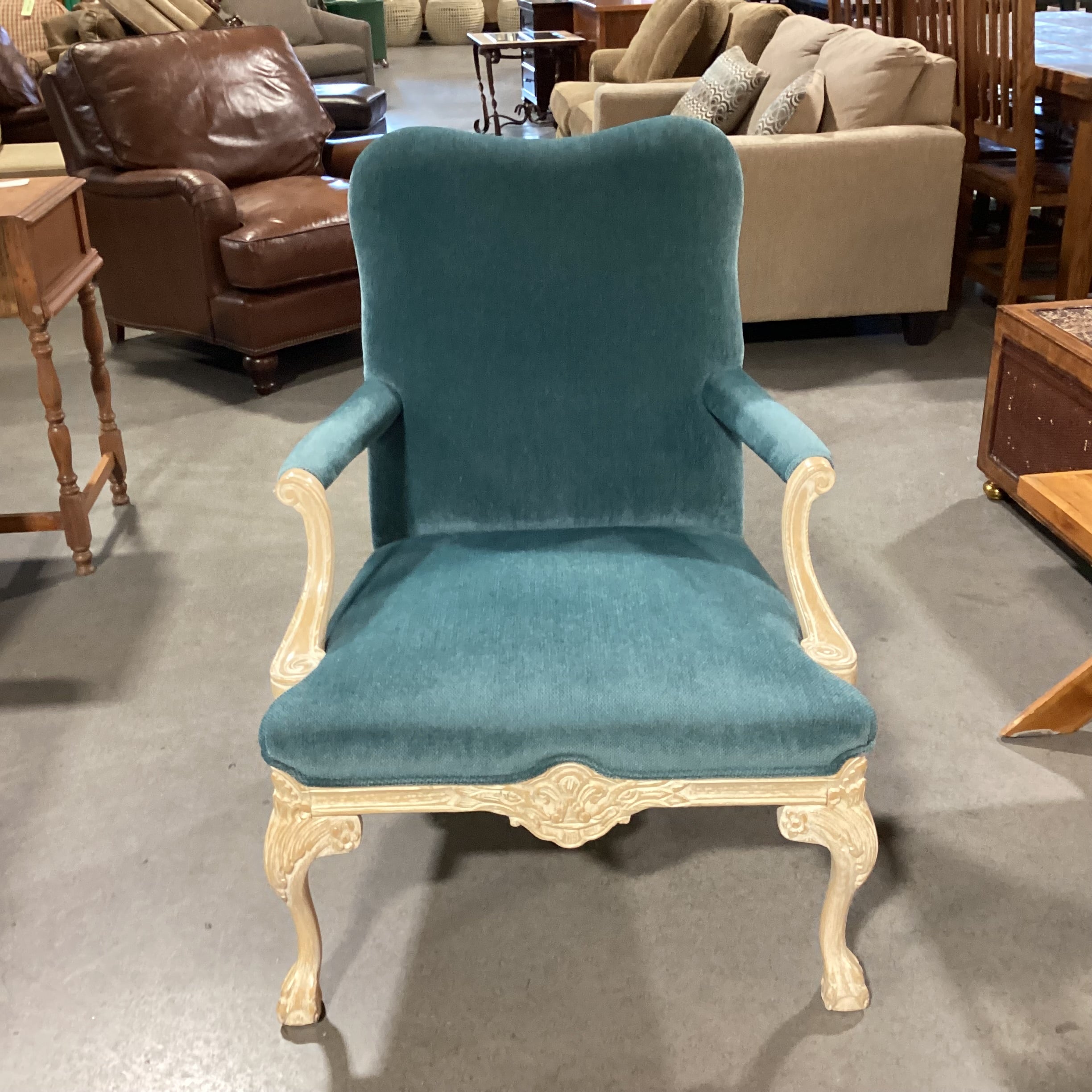 Teal Upholstered White Washed Carved Wood Chair 28"x 30"x 38"