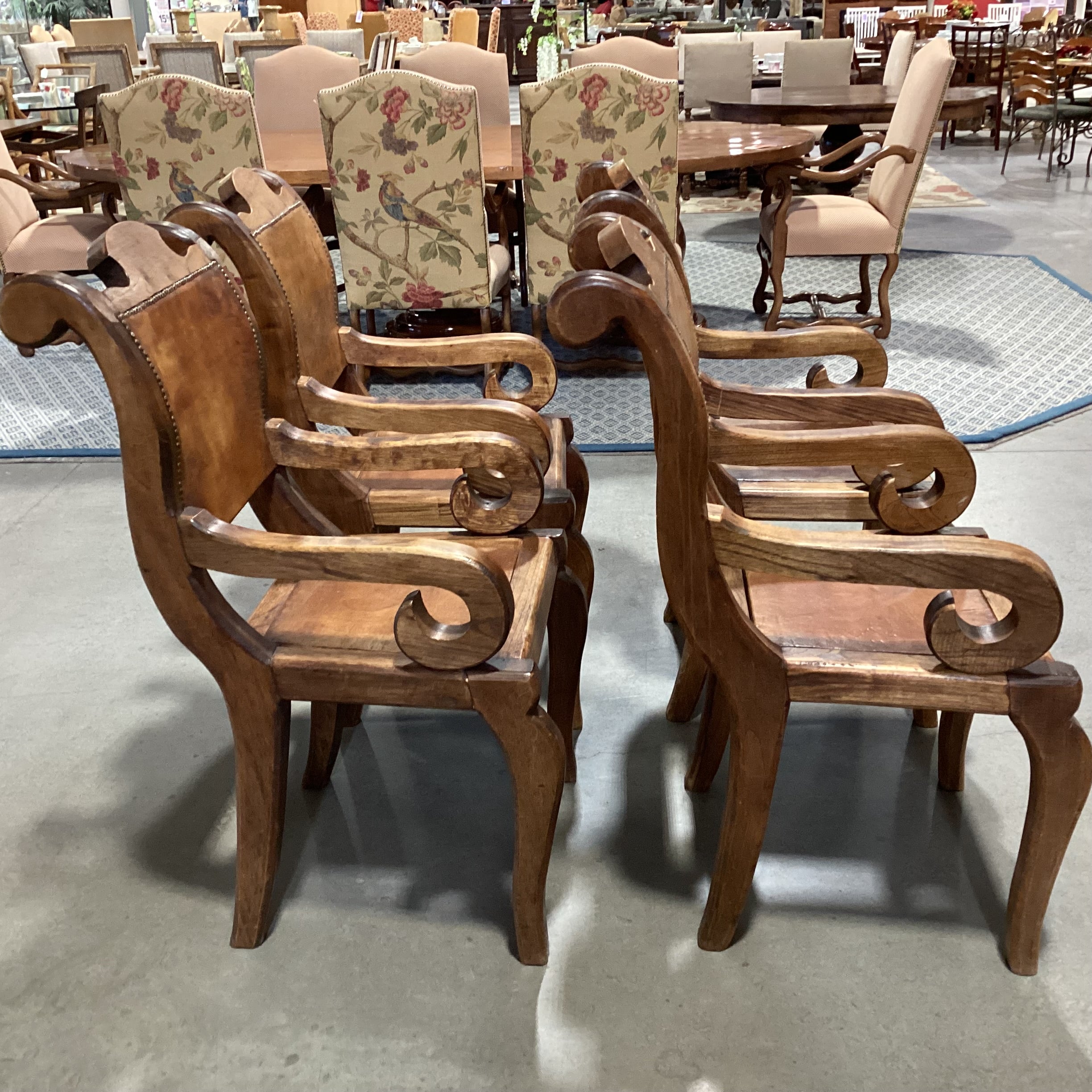 SET of 4 Rustic Distressed Carved Wood & Leather Nailhead Scroll Arm Dining Chairs 22"x 28"x 41"