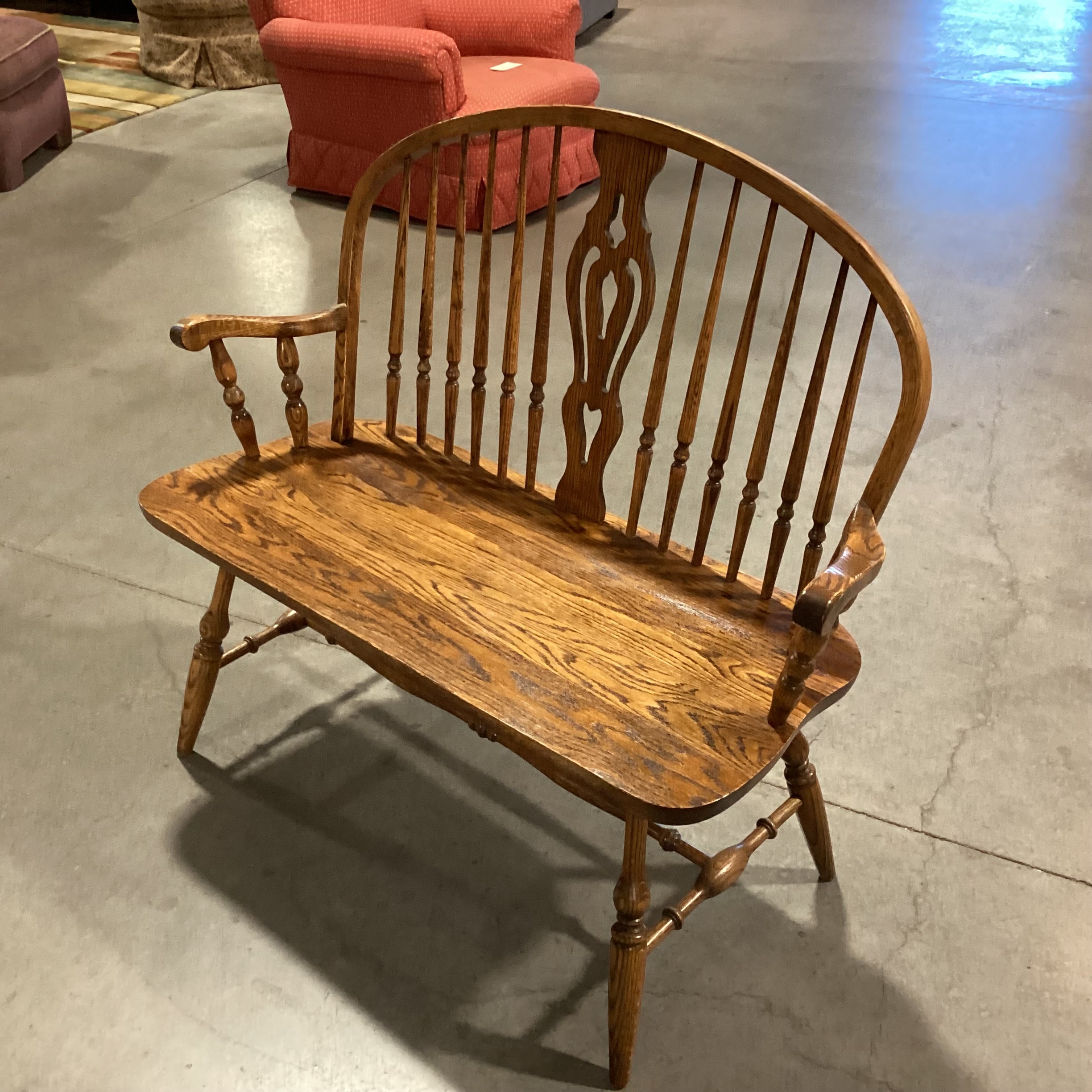Dinaire Buffalo NY Vintage Antique Solid Oak Windsor Style Bench 43"x 20"x 38"