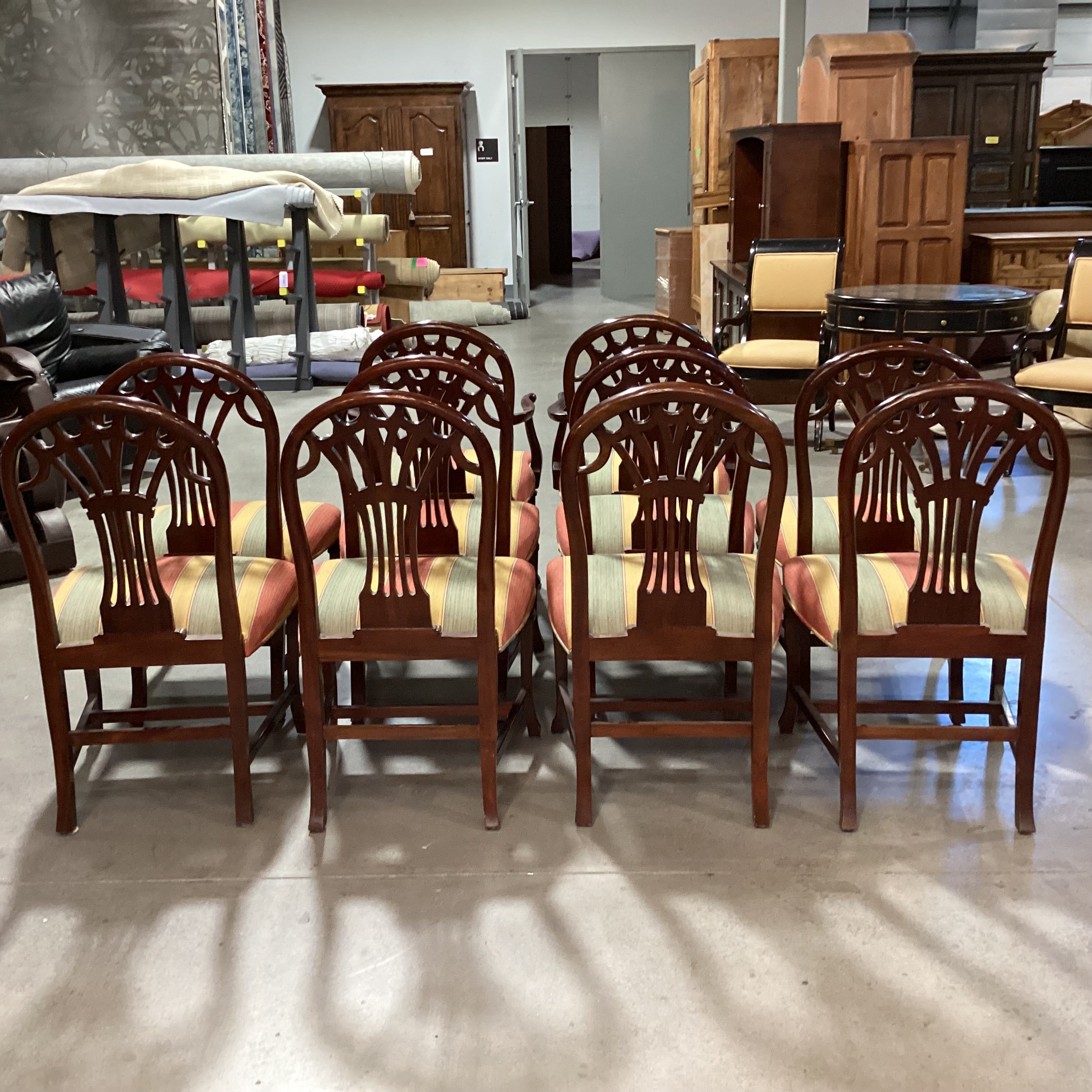 SET of 10 Ornate Carved Finished Wood & Gold Burnt Orange Sage Woven Stripe Dining Chairs 22"x 22"x 39"