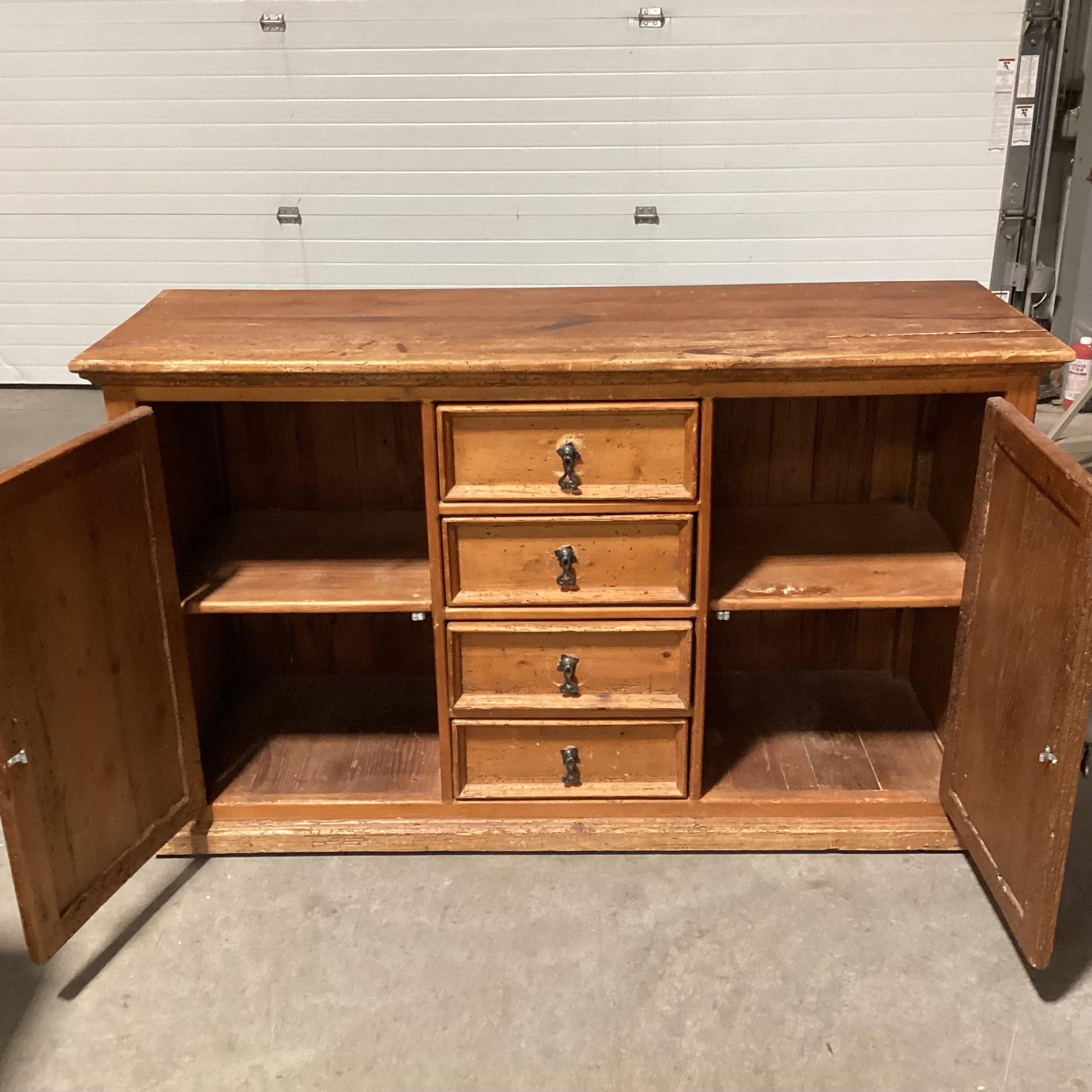 Rustic Worm Wood Distressing Solid Wood 4 Drawer 2 Door with Shelves Sideboard 55.5"x 19"x 33.5"