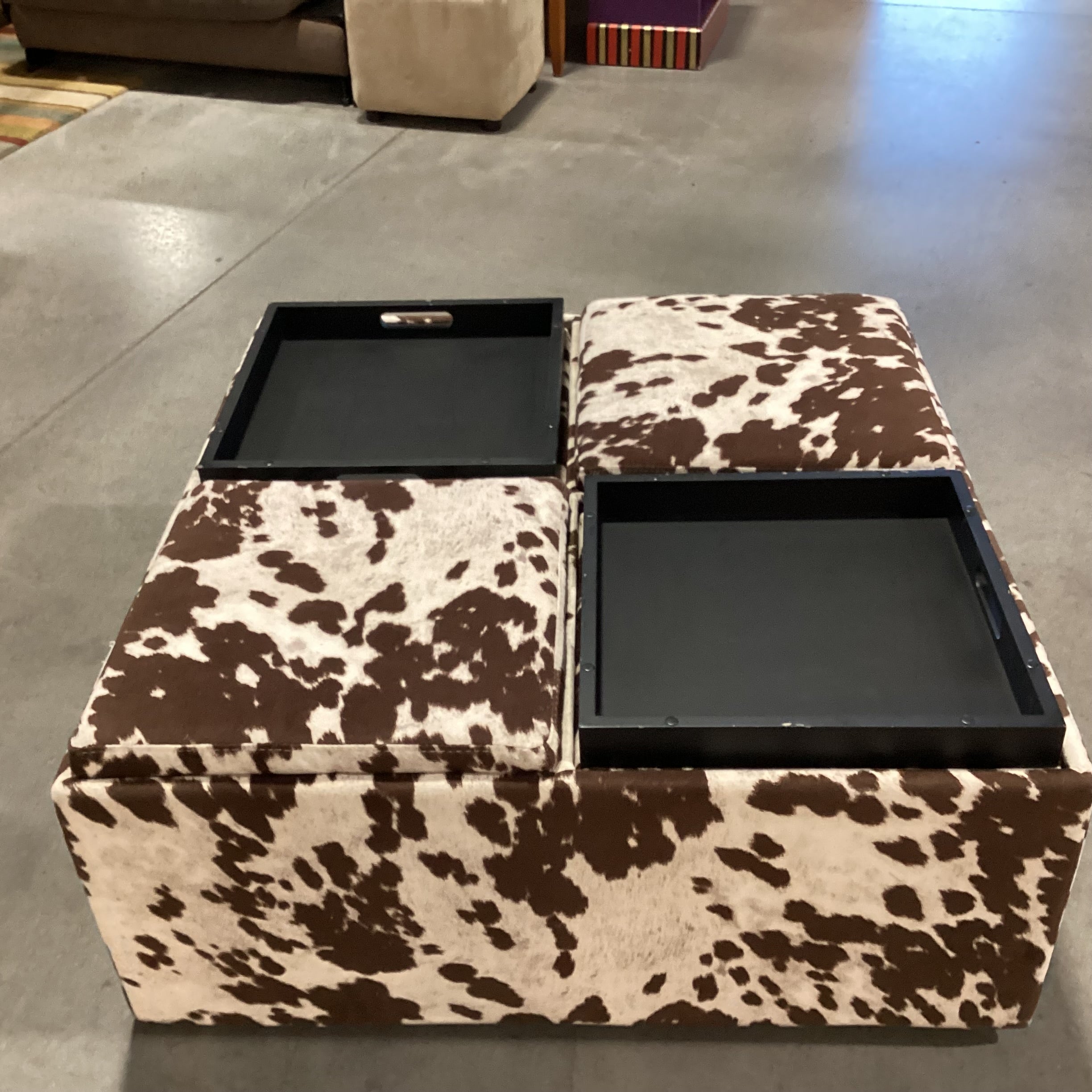 Faux Cowhide 4 Section Storage with Flip Top Tray Cocktail Ottoman 36"x 36"x 16"