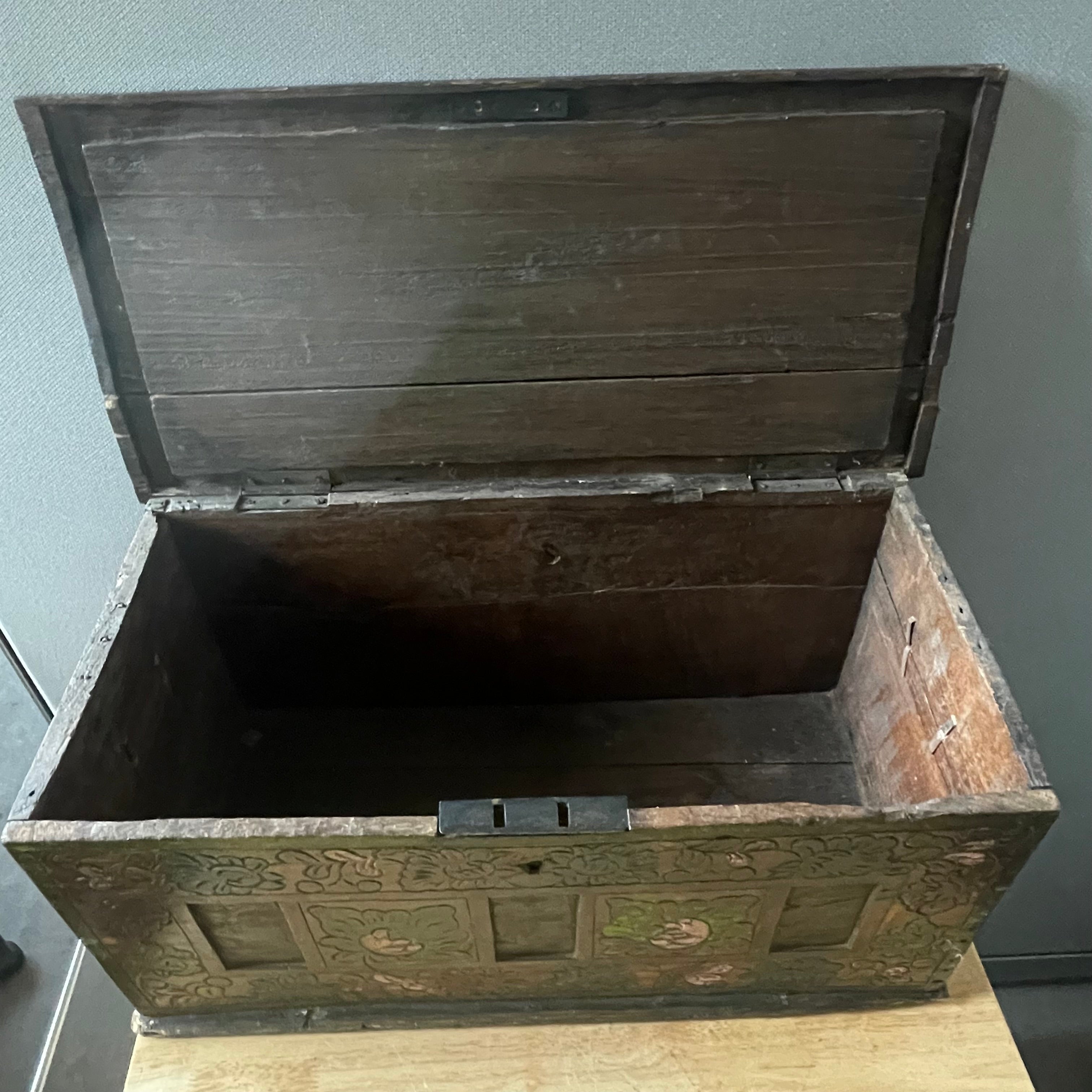 Antique Hand Painted Tibetan Wood, Iron Handles Small Travel Trunk, 23"x 10.5"x 10.75"