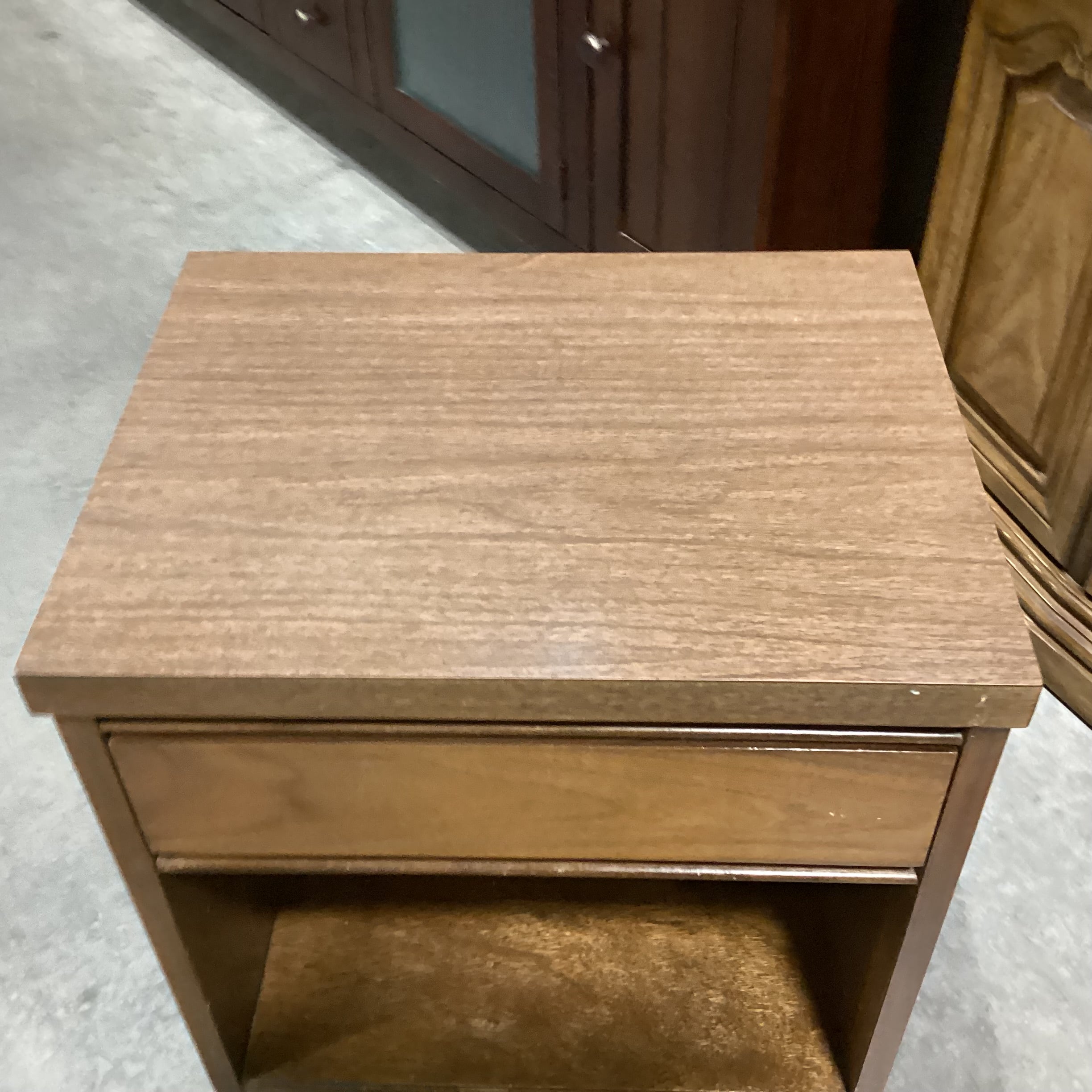 Mid Century Walnut & Veneer 1 Drawer Nightstand 18"x 14"x 24"