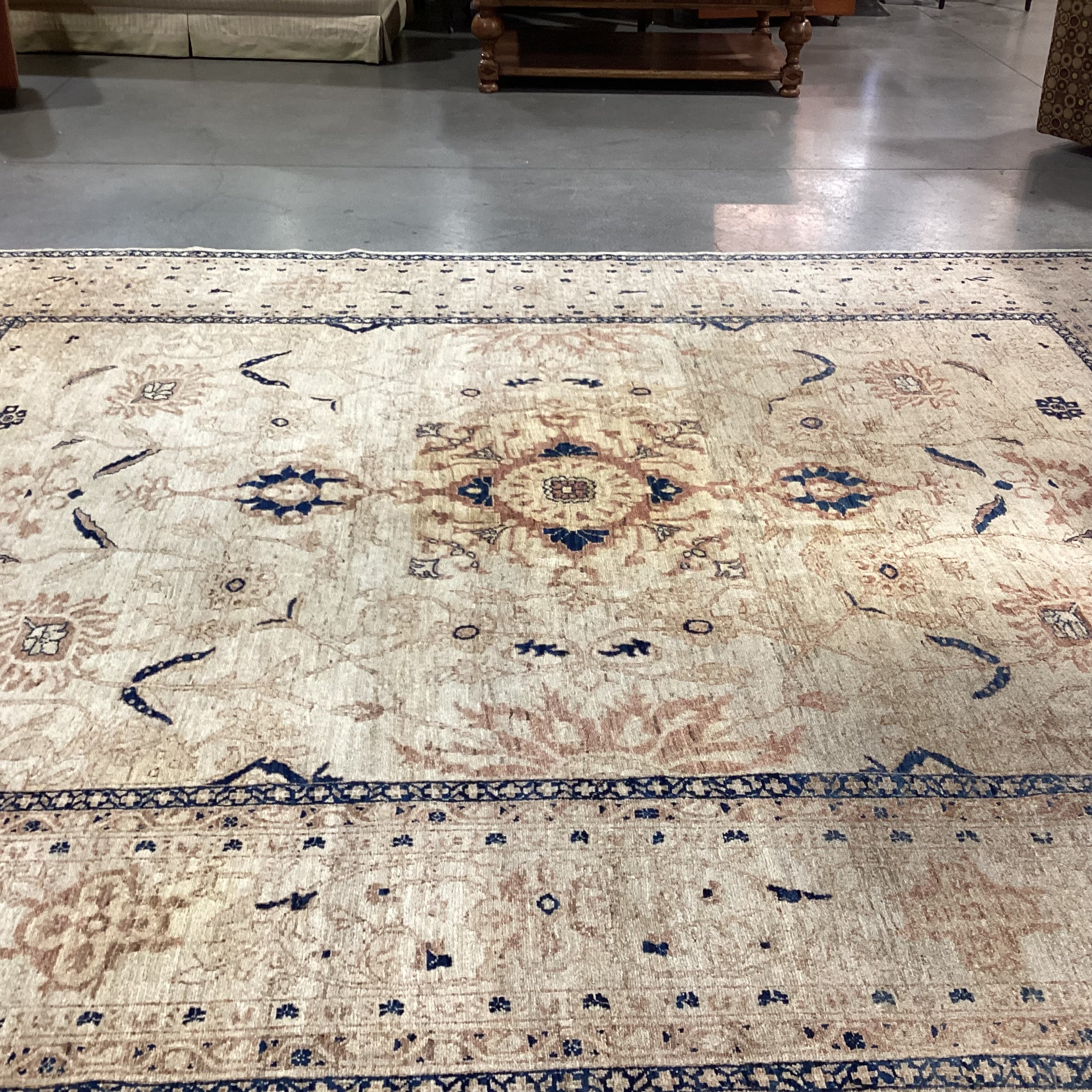 Cream Tan Blue Hand Woven Wool Rug 10' x 12" 9"