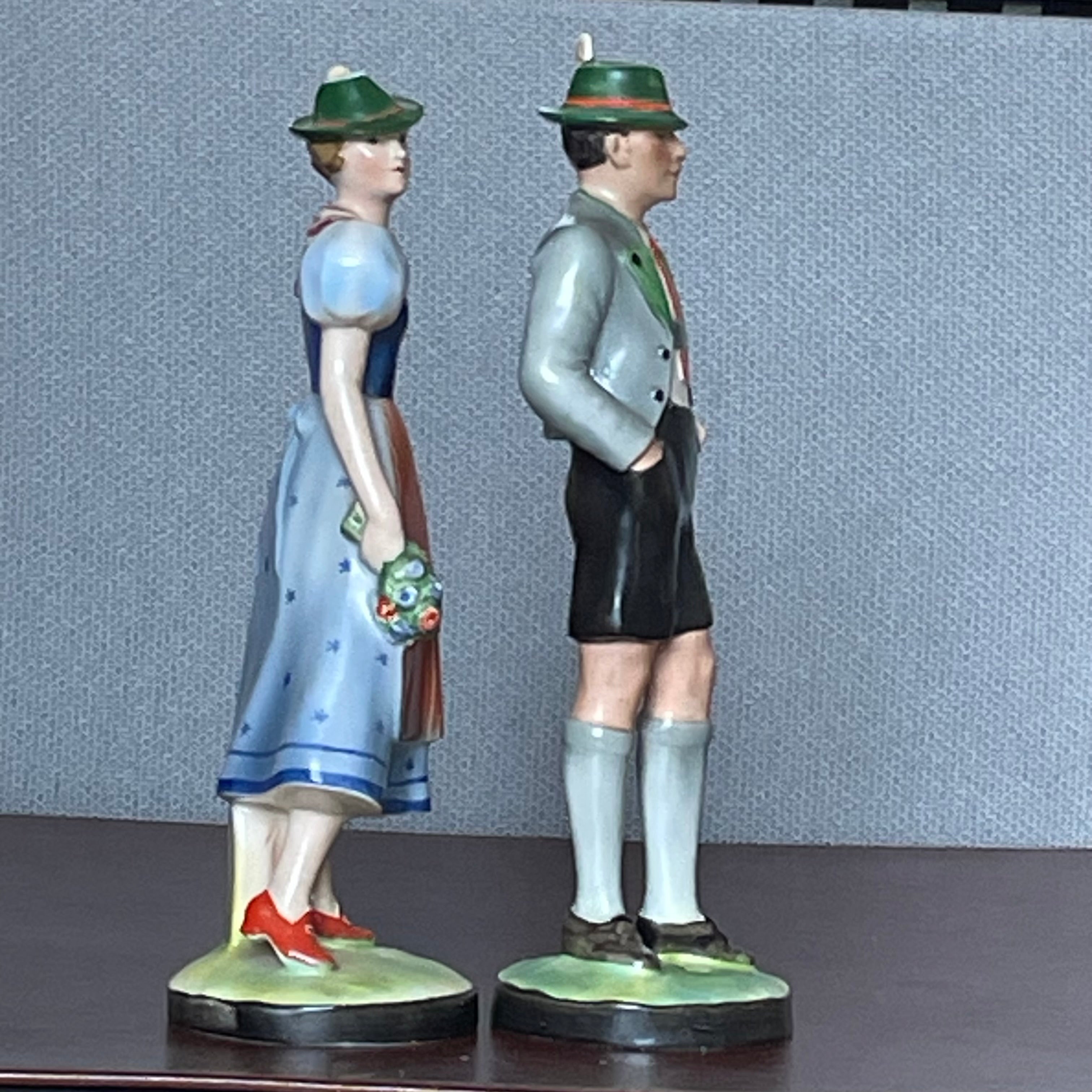 Antique Hertwig Katzhutte Porcelain Hand Painted German Man & Woman in Traditional Clothing Figurines, Pair 8.5", 8.75"