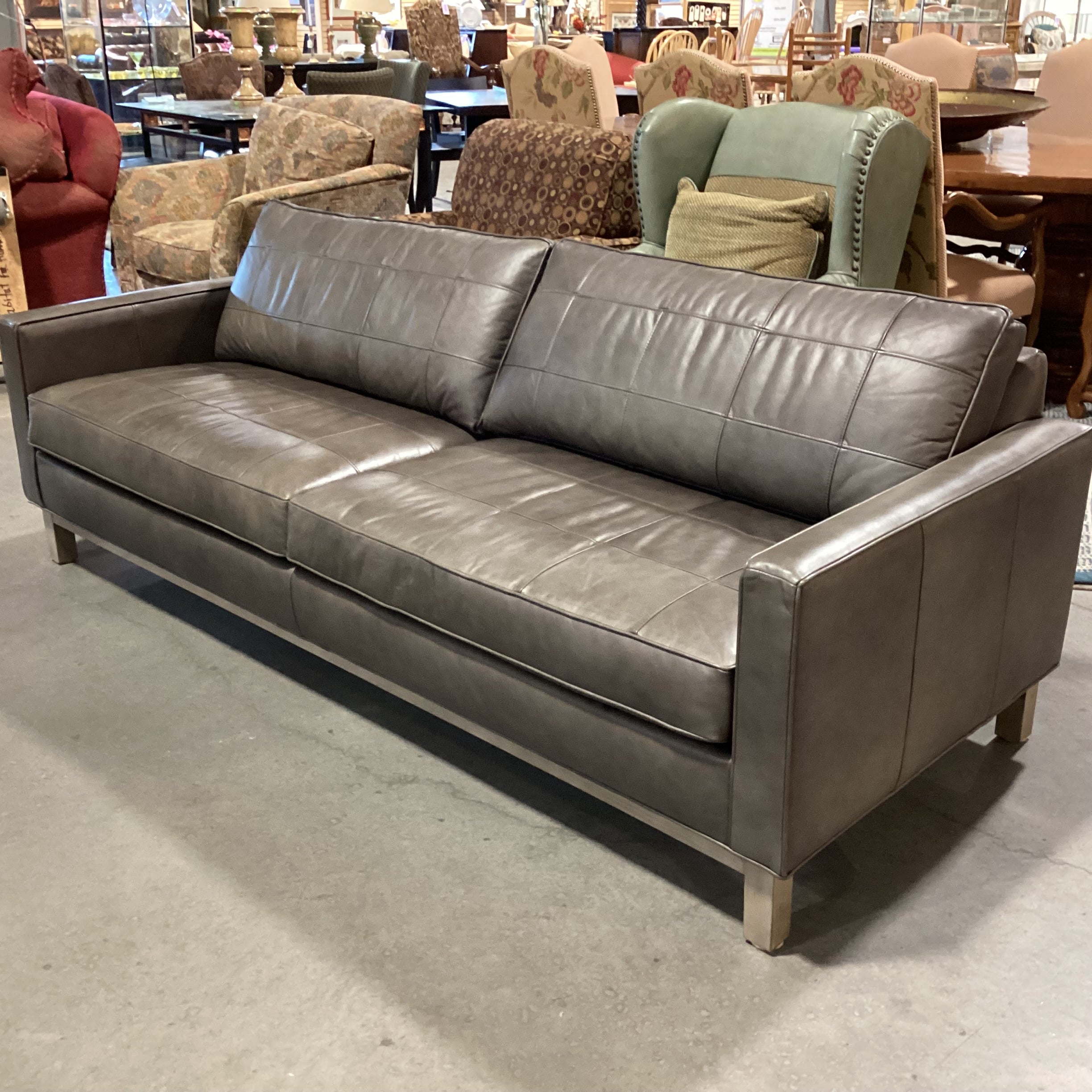 Ethan Allen Modern Grey Grid Stitched Leather Sofa 87"x 36"x 29"