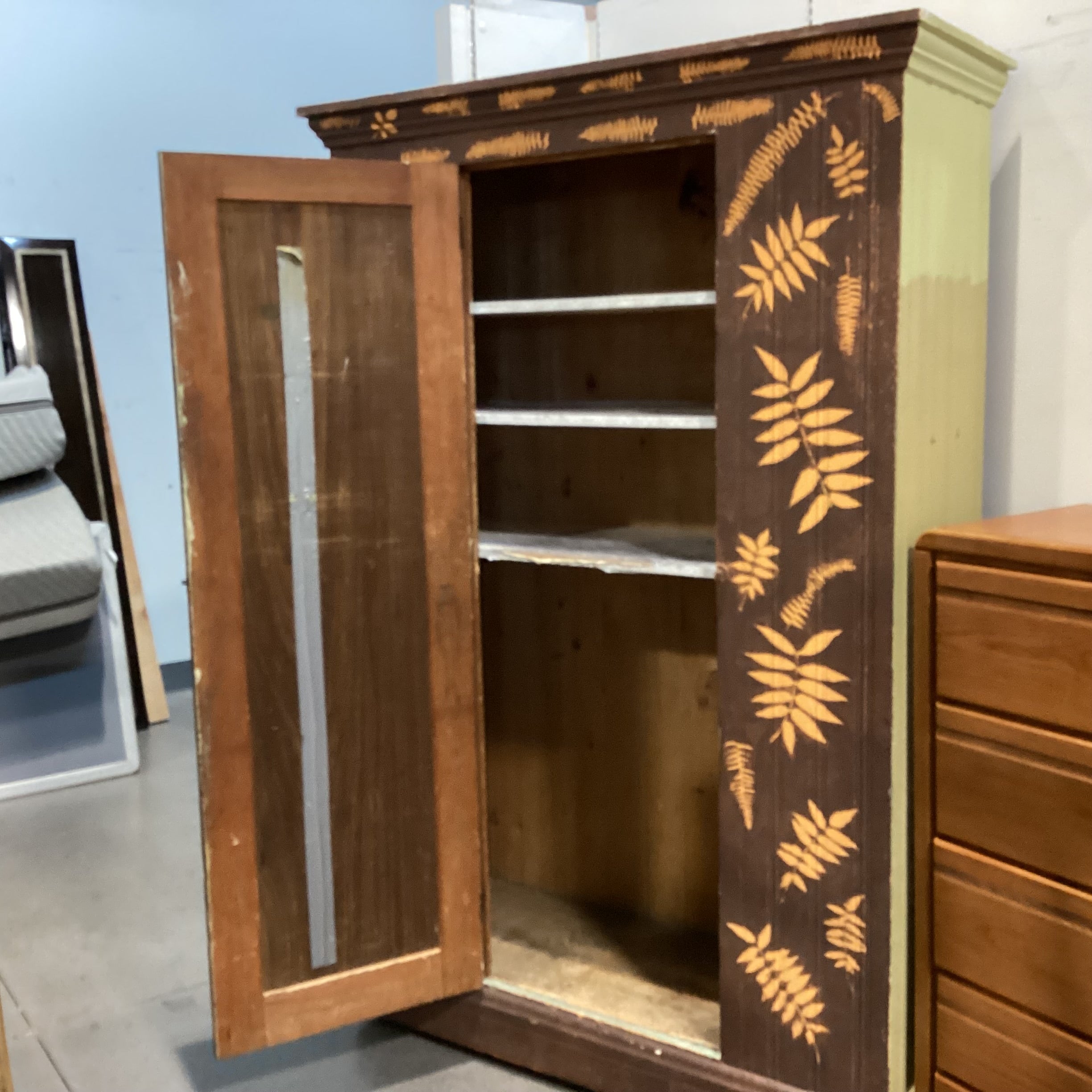 Antique Wood with Painted Orange Leaf Design Wardrobe Armoire 53"x 20"x 81"