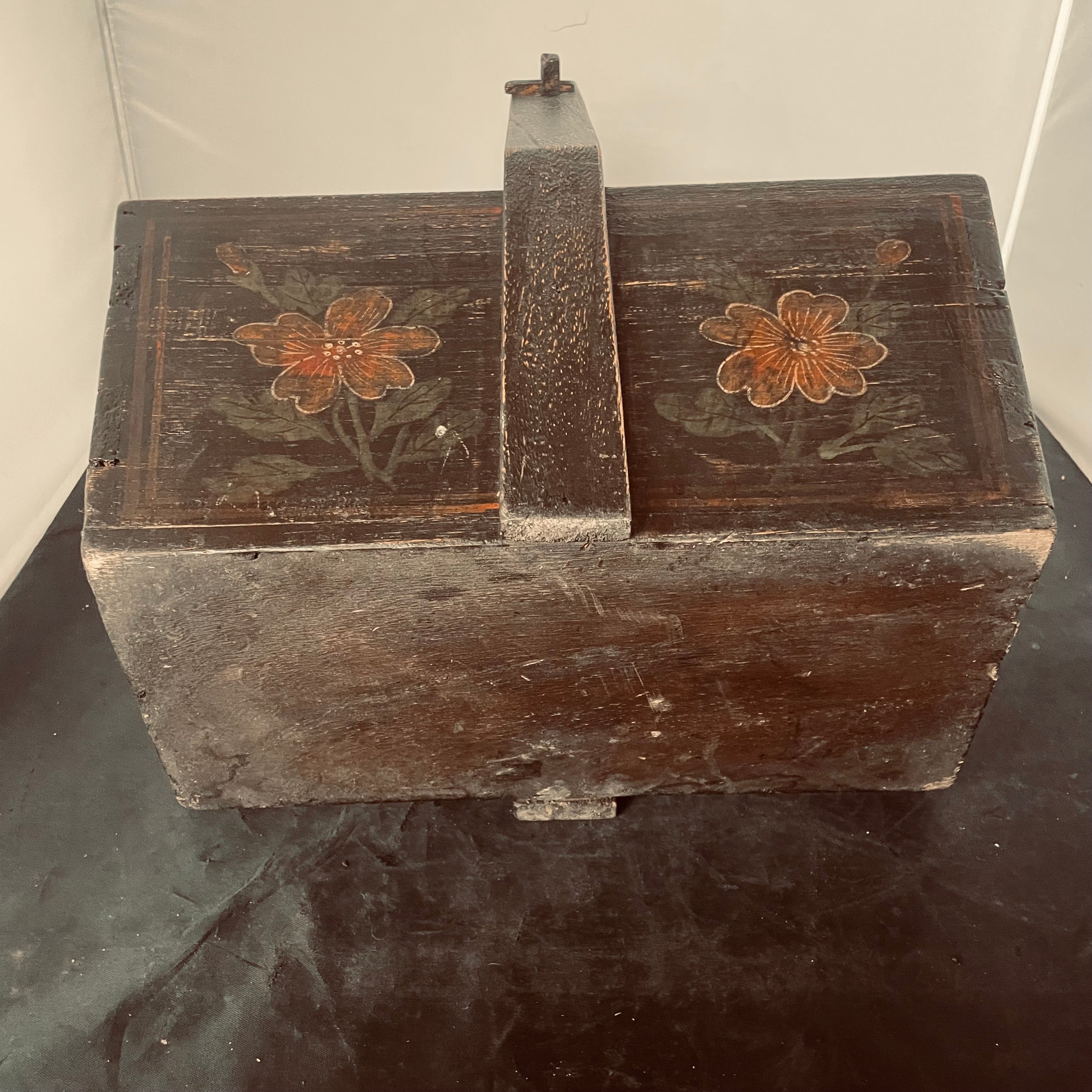 Antique Chinese Handpainted Flowers/Birds Elm Wood Rice/Grain Basket, 14"x 8"x 15"