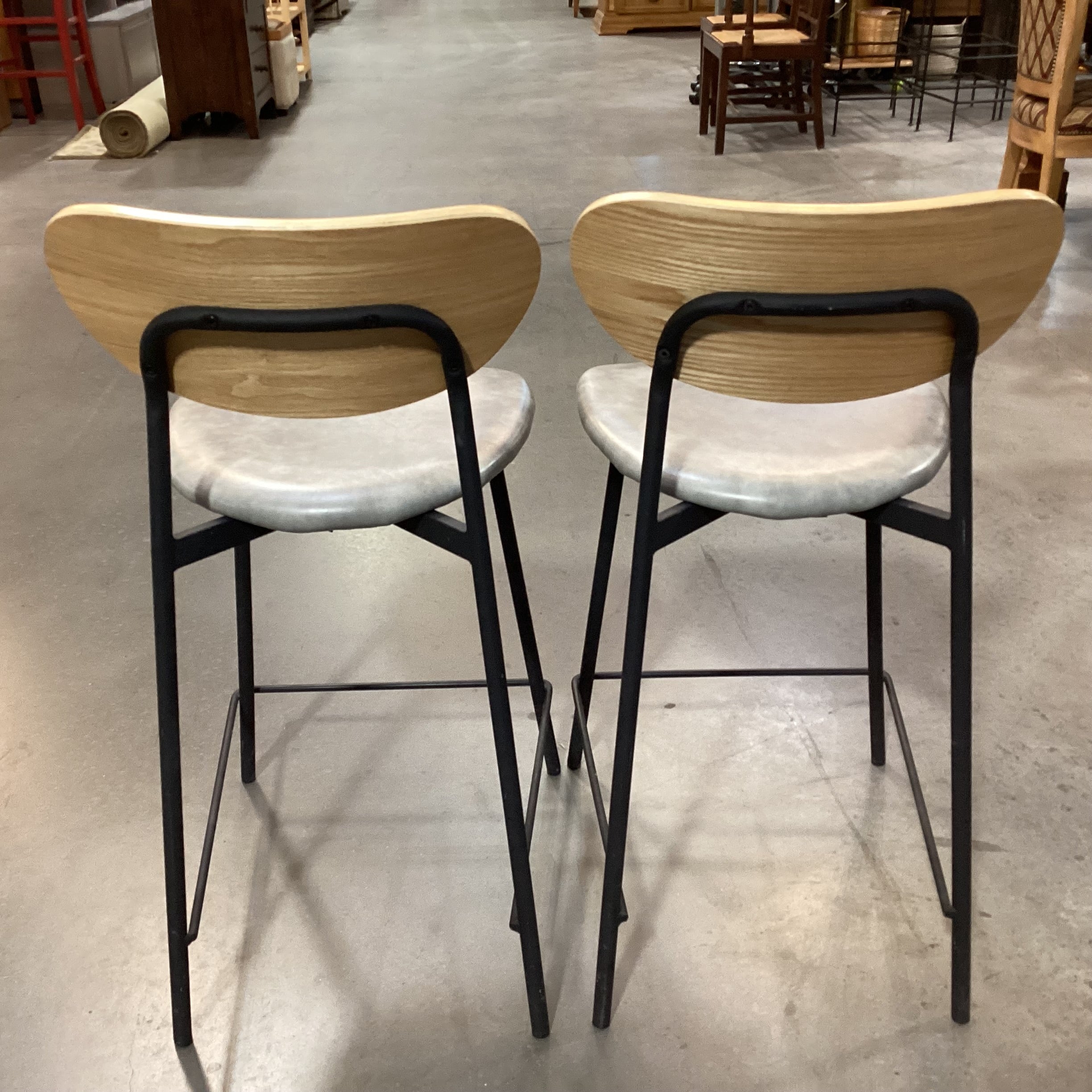 SET of 2 Light Wood Black Metal & Grey Faux Leather Barstools 24"