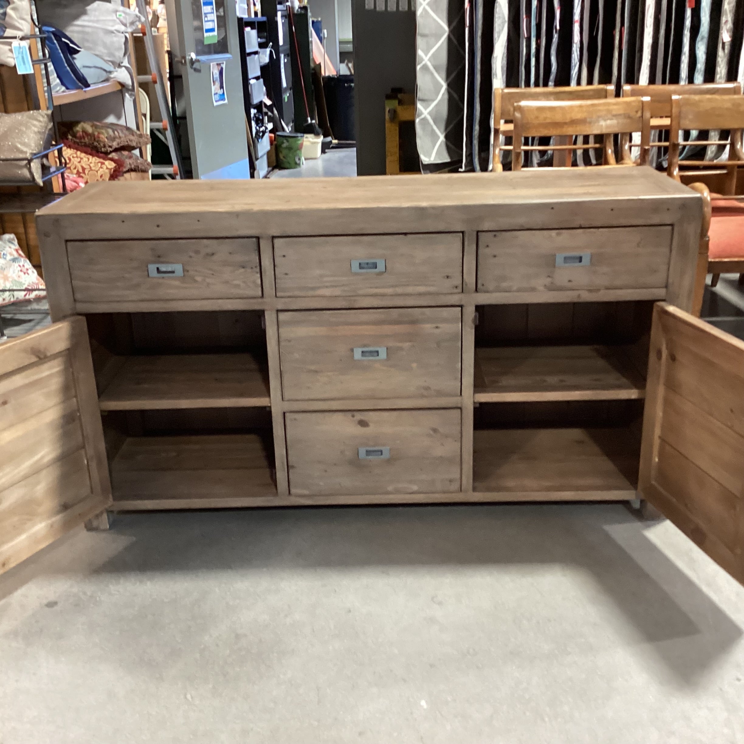 Rustic Reclaimed Wood Campaign Style 2 Door with Shelves 5 Drawer Sideboard 61"x 18"x 33.5"