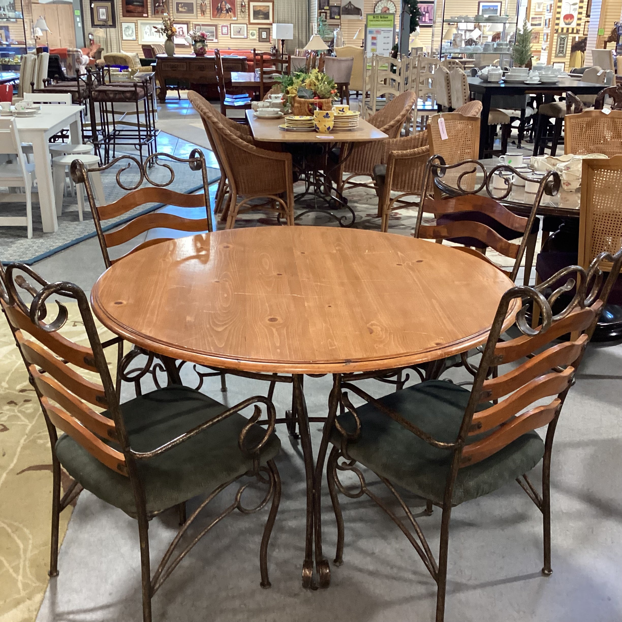 Round Wood & Iron Table with 4 Chairs Dining Set 48" Diameter x 30.5"