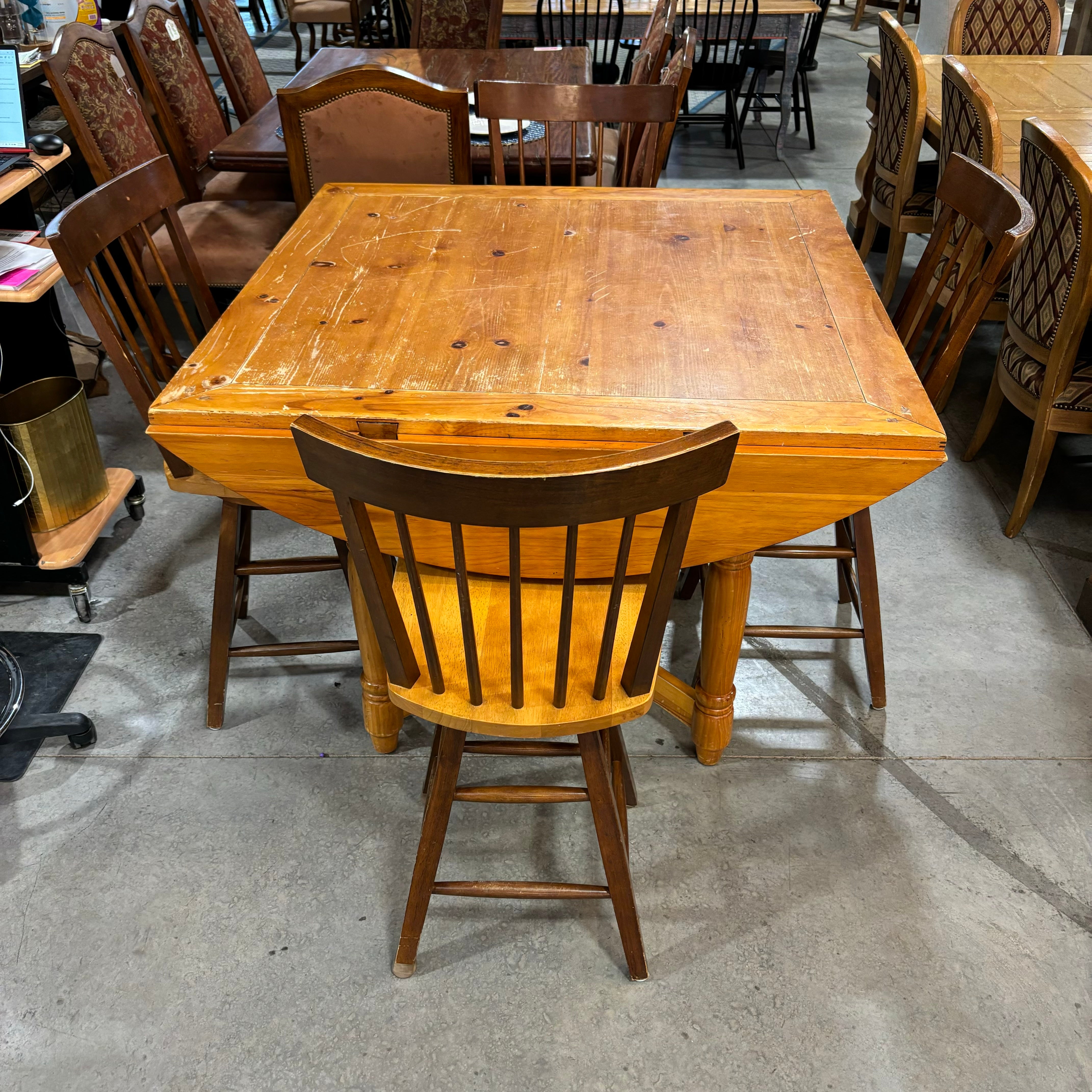 Round to Square Table with 4 Barstools Dining Set 66" Diameter to 46.5" Square x 36"