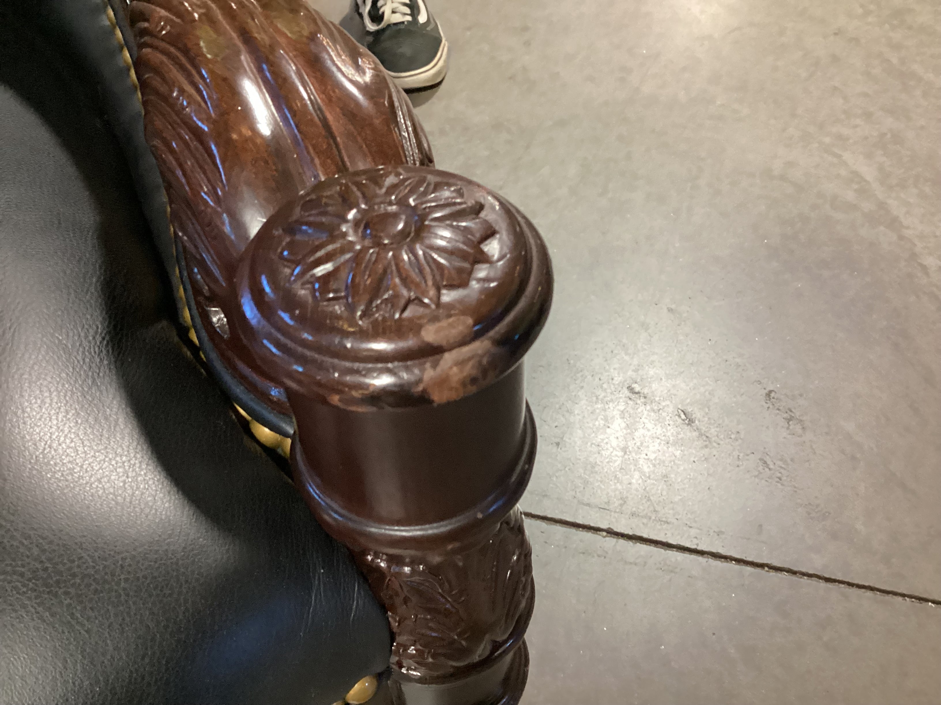 Hancock & Moore Ornate Carved Mahogany Finish Wood Black Leather Tufted Nailhead Chair 27"x 32"x 39"