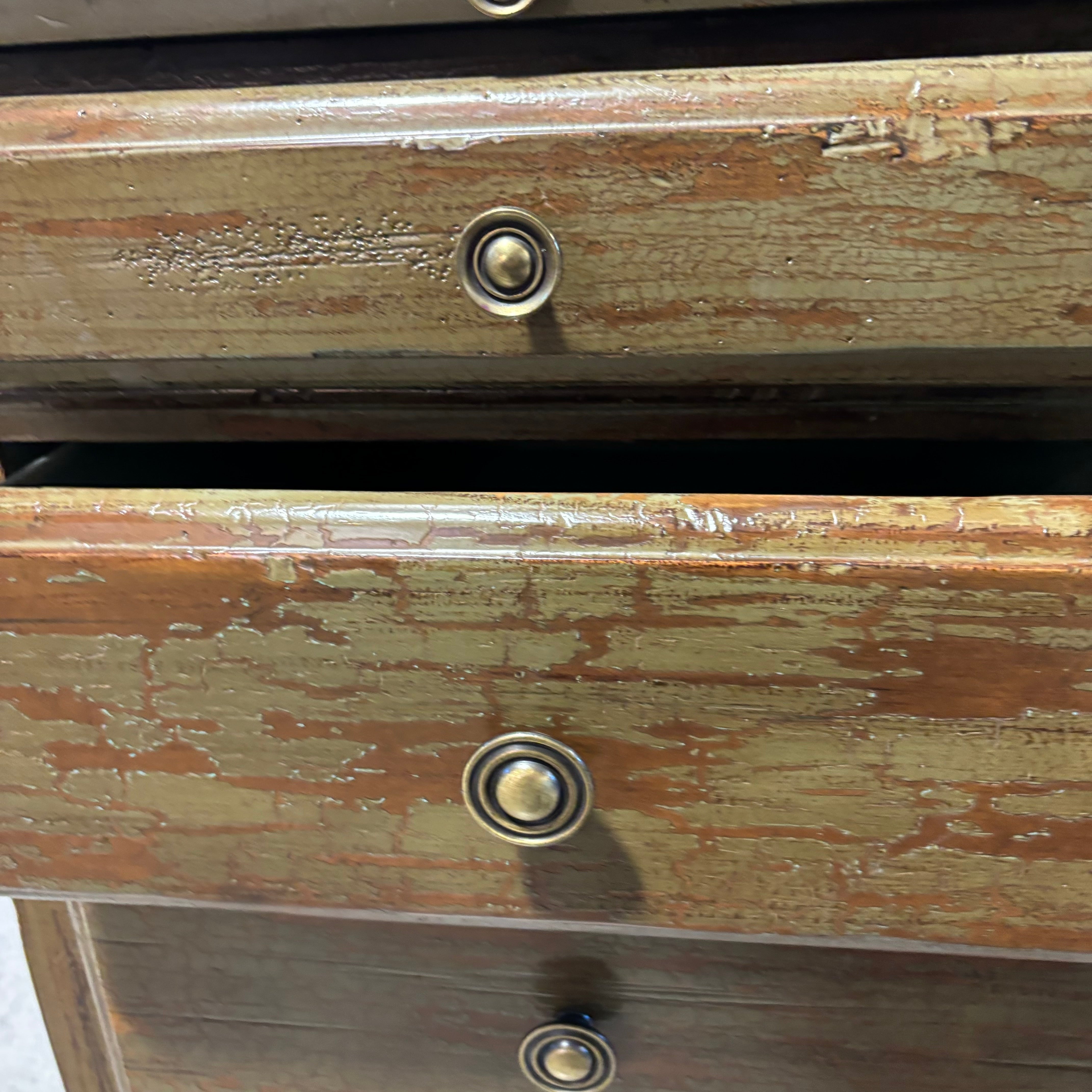 Antique Distressed Moss Finish 5 Drawer 1 Door with Dual Surface Pullouts Desk 74"x 41"x 30.5"