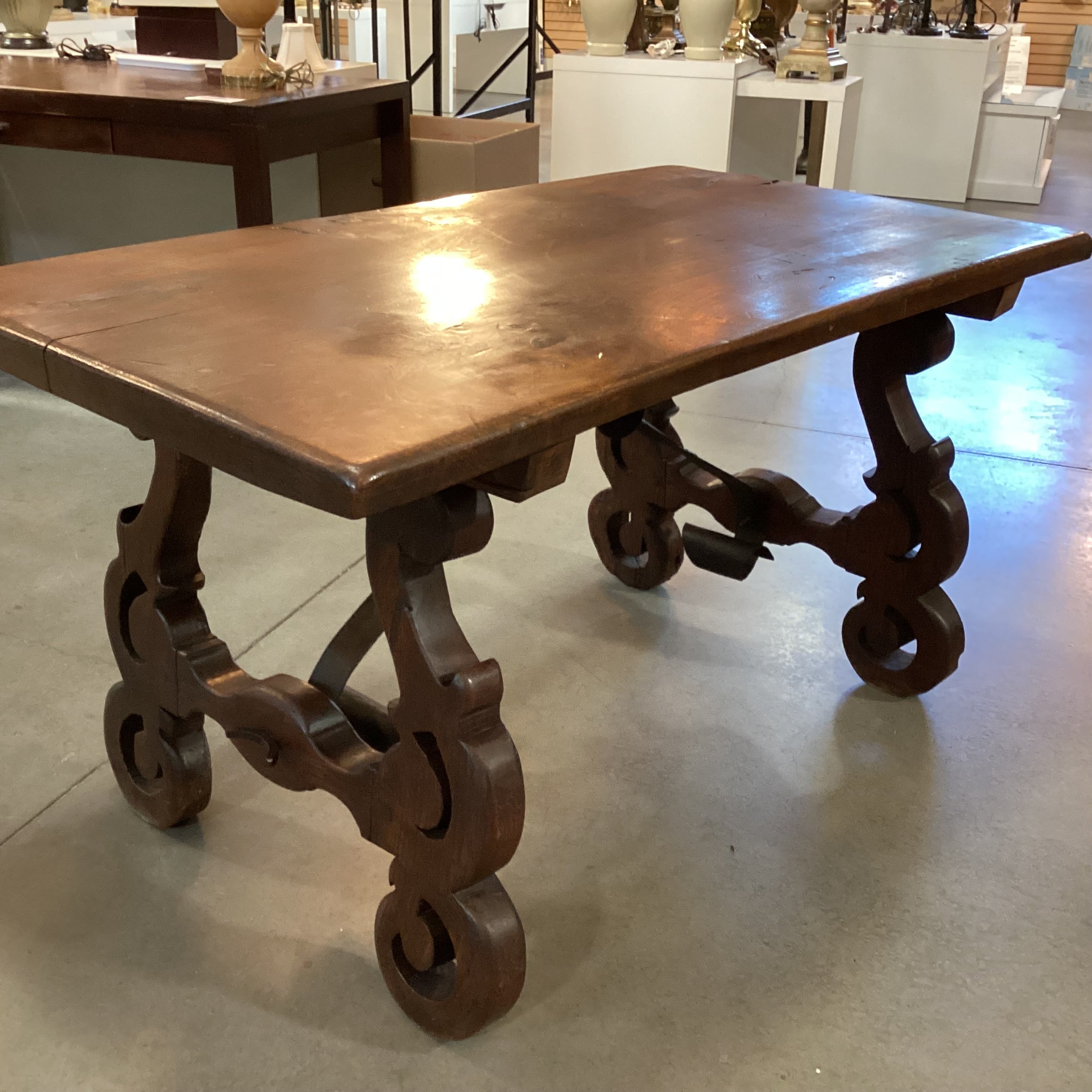 Vintage Antique Solid Wood Carved Side Legs & Iron Stetchers Trestle Accent Table 55"x 31"x 29"