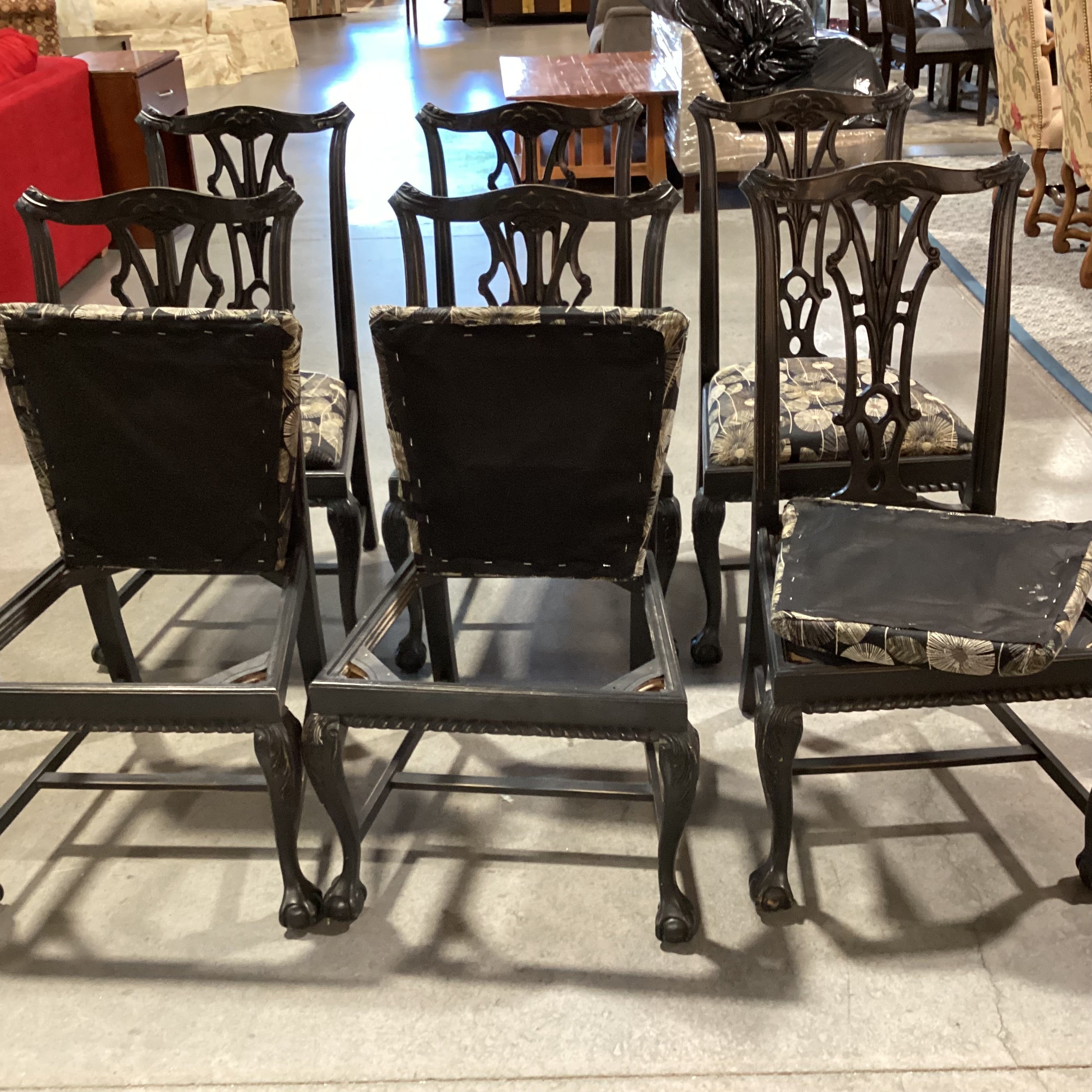 SET of 6 Ornate Carved Black Claw & Ball Wood Black Tan White Dandelion Dining Chairs 23"x 22"x 40"