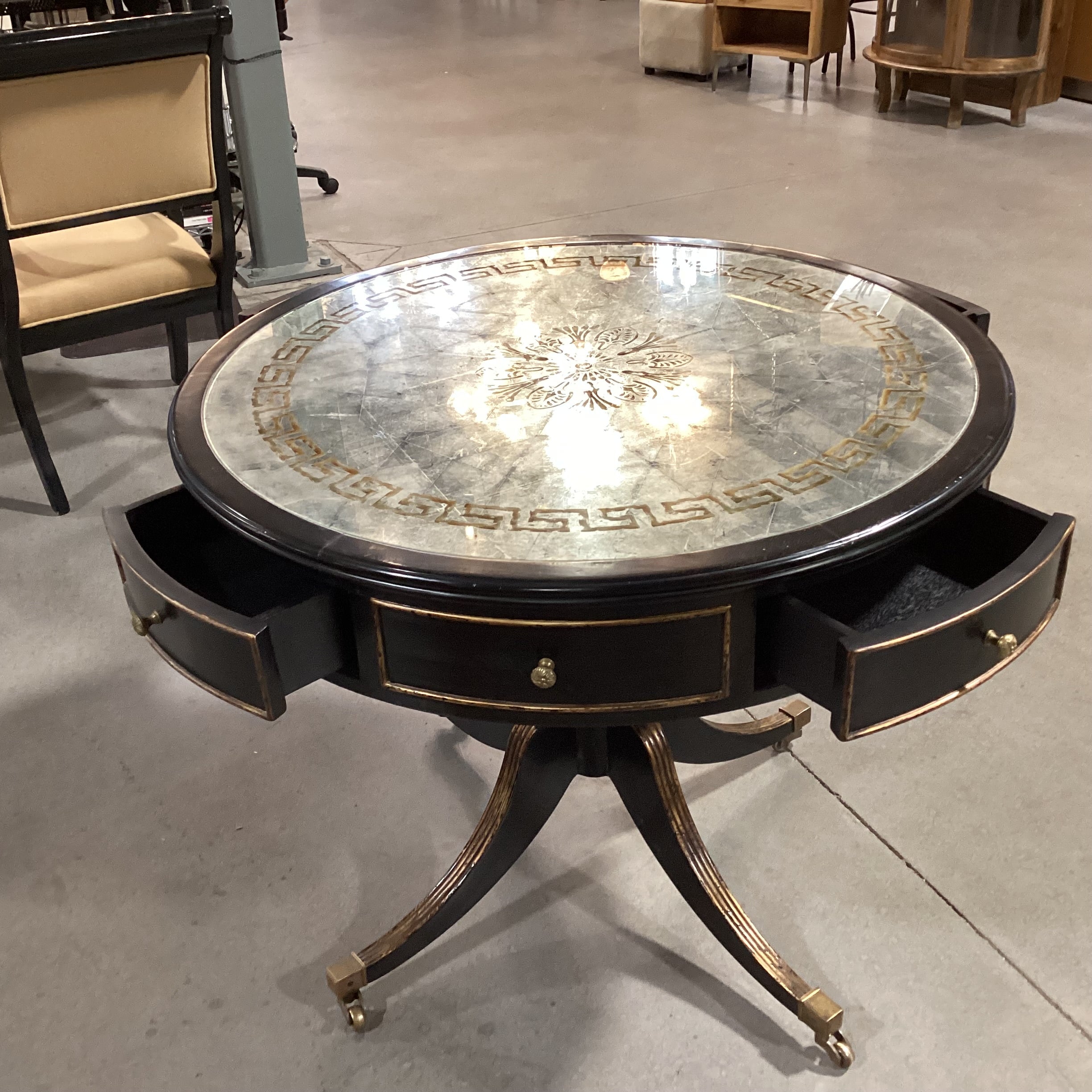Black Gilded Gold Accent Wood & Gold Silver Antiqued Glass Top 4  Drawer with Casters Accent Table 37" Diameter x 30.5"