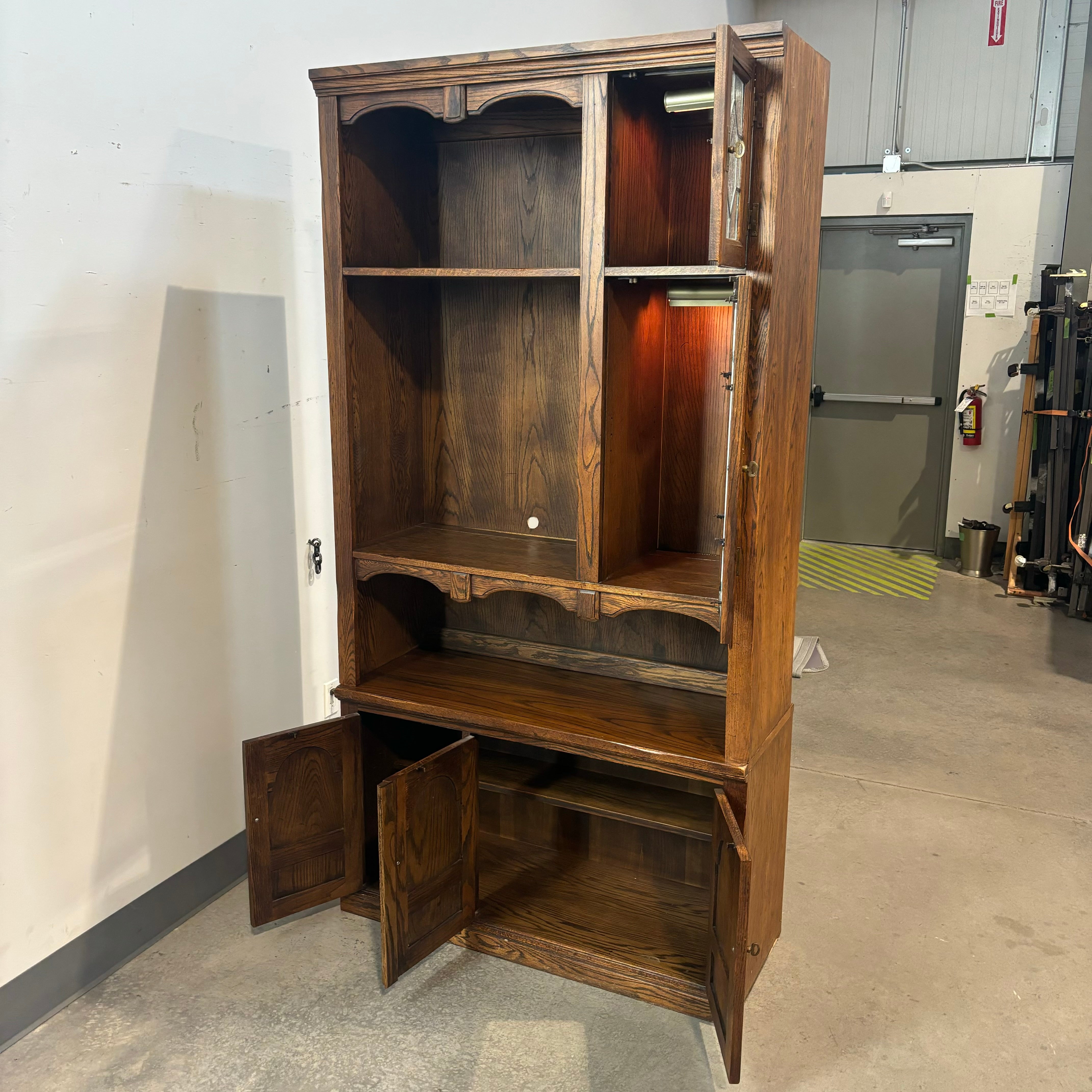 Dark Finish Solid Wood & Leaded Glass 5 Door Lighted Display Bookcase 45"x 18"x 87"