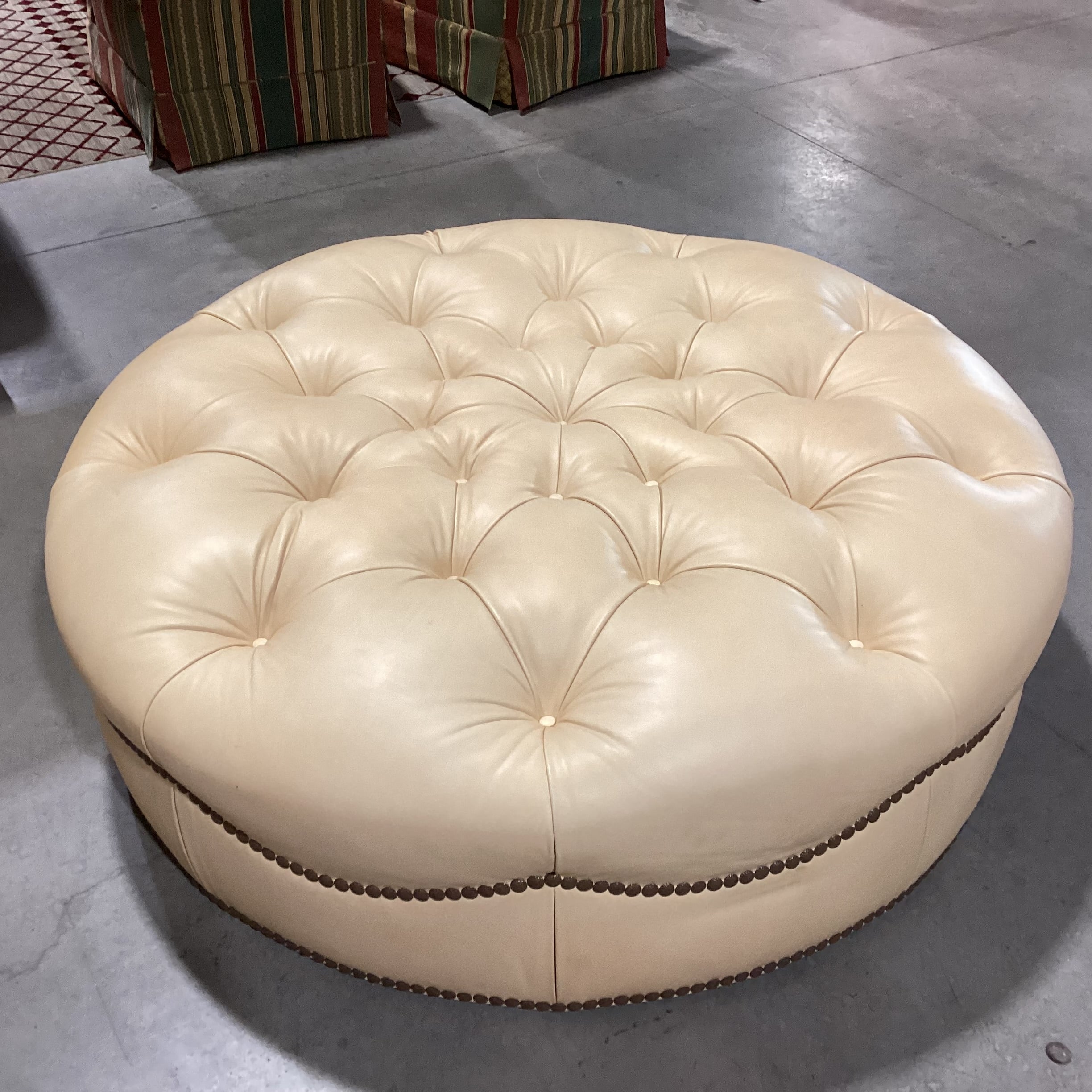 JJ Custom Butter Leather Tufted Nailhead Oversized Ottoman 60" Diameter x 19"