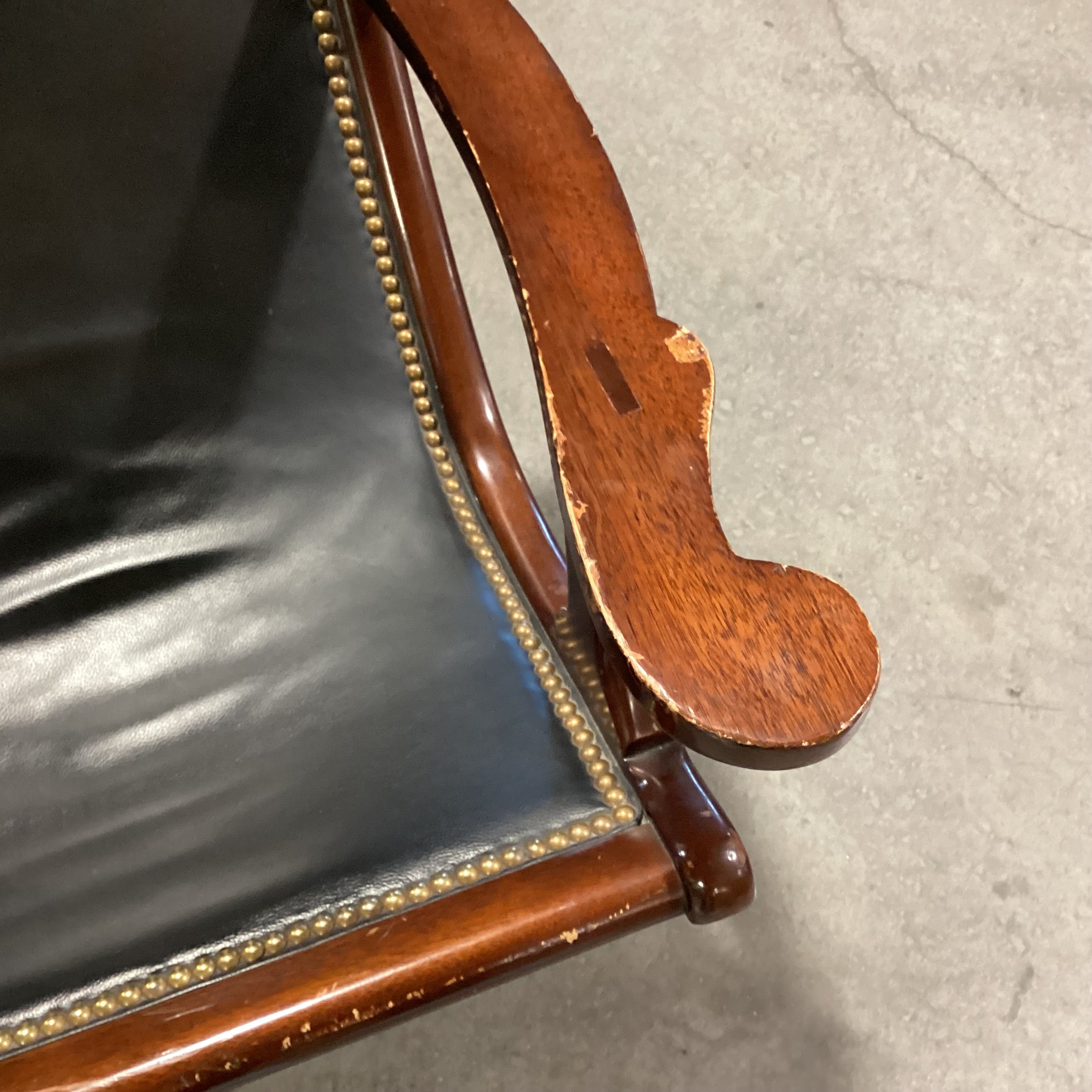 Black Leather Nailhead & Carved Wood Plantation Style Chair 27"x 30"x 40"