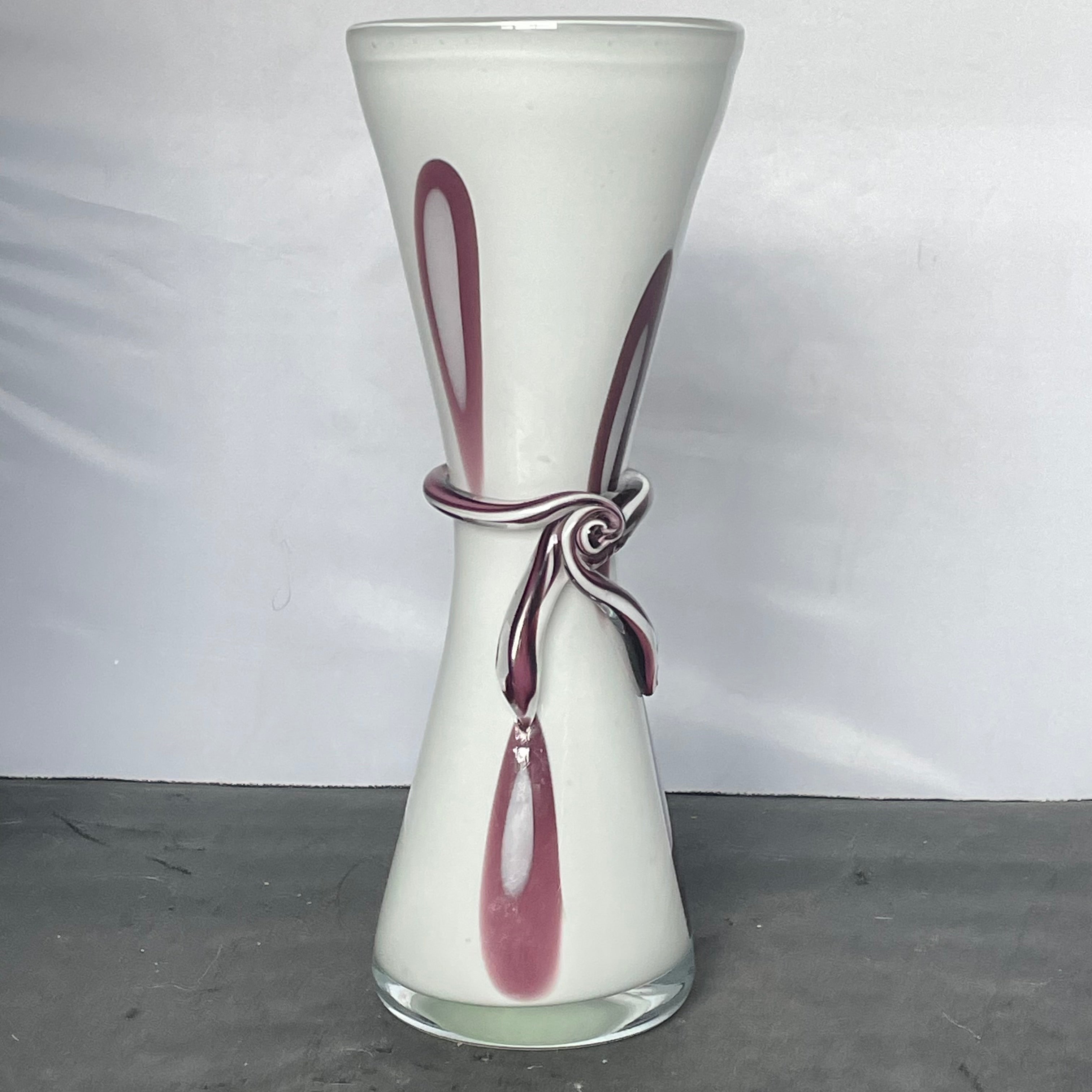 Murano Style Hand Blown White/Purple Bow Vase, 5"x 13"