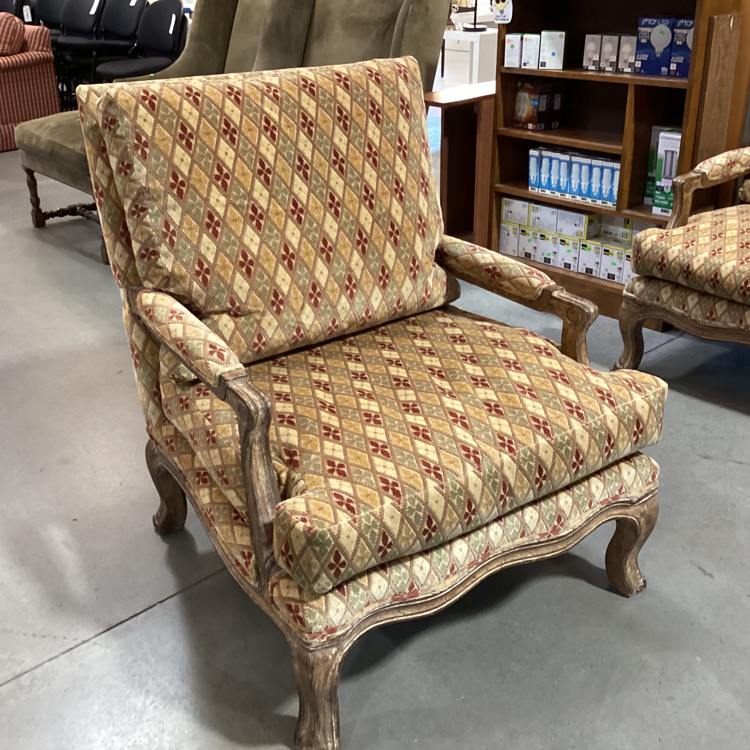 Kreiss Collection Gold Rust Sage Raised Chenille Diamond Pattern & Antiqued Finish Carved Wood Chair 34"x 36"x 40"