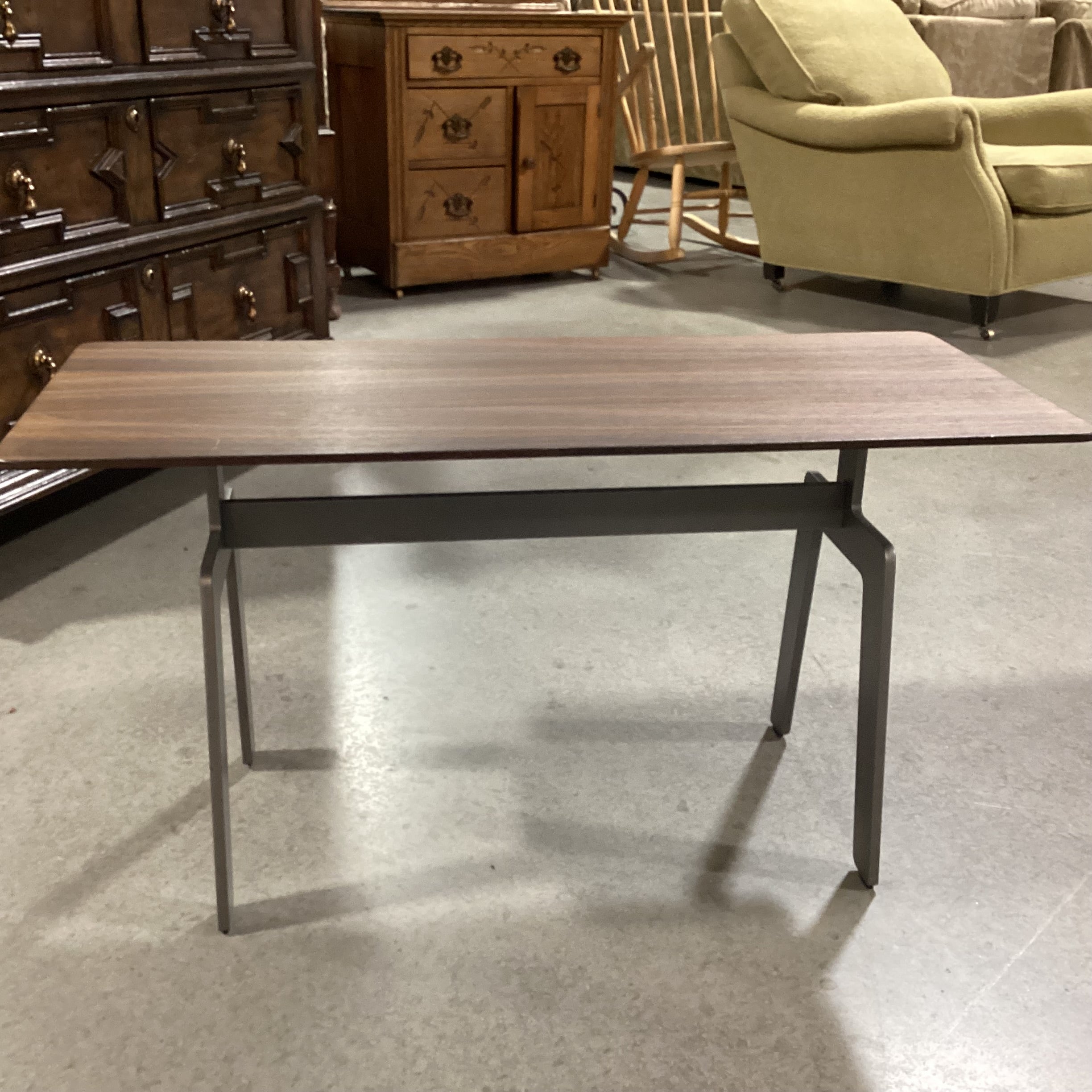 Poliform Italian Modern Walnut Veneer & Grey Steel Trestle Base Coffee Table 34.5"x 14.5"x 18"