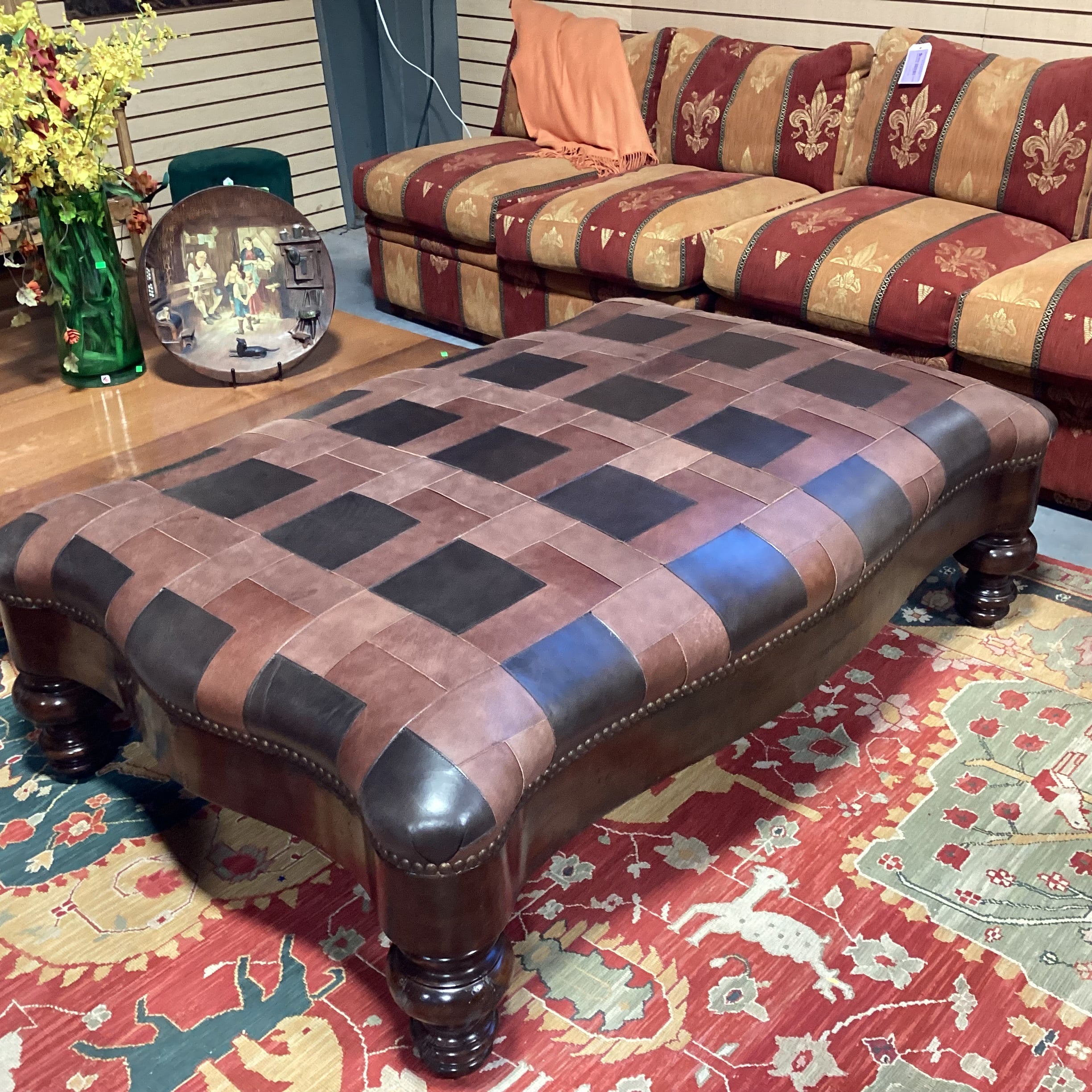 T J Hooker Brown Tones Patchwork Leather Nailhead & Carved Distressed Wood Cocktail Ottoman 61"x 41"x 20"