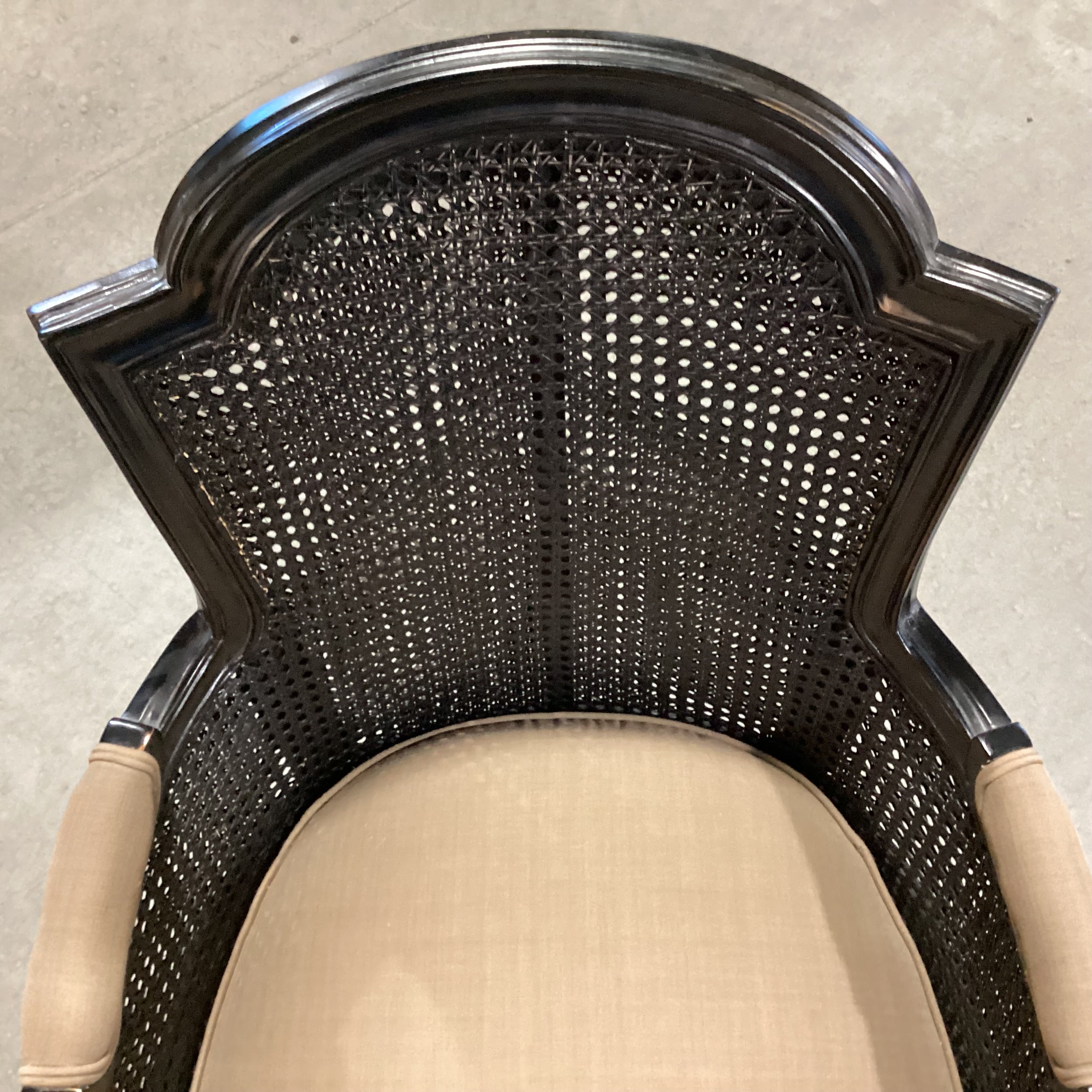 Black French Caning & Carved Wood with Taupe Brown Down Mix Upholstered Chair 26"x 24"x 40"