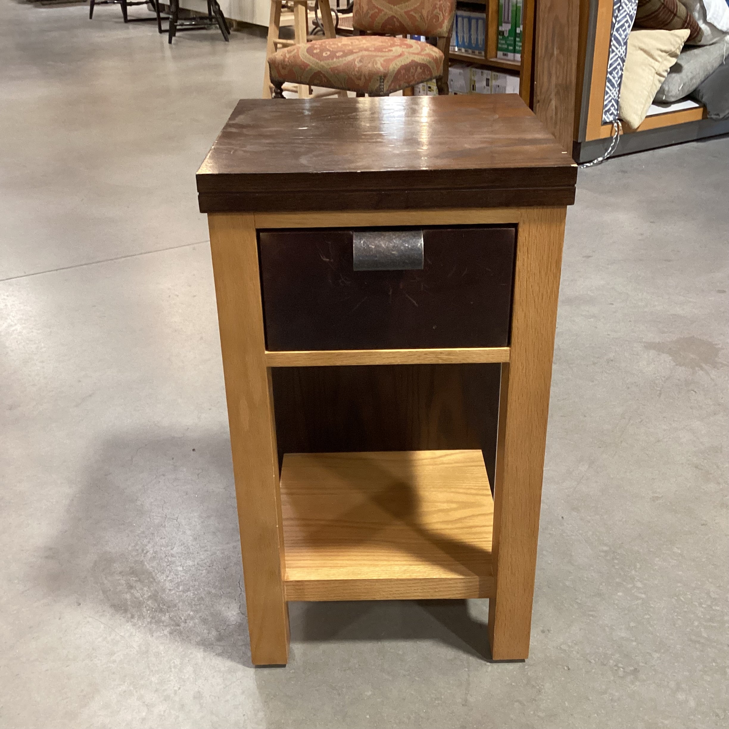 Mark David Dark 2 Tone Wood & Veneer with Leather Drawer End Table 16"x 16"x 28"