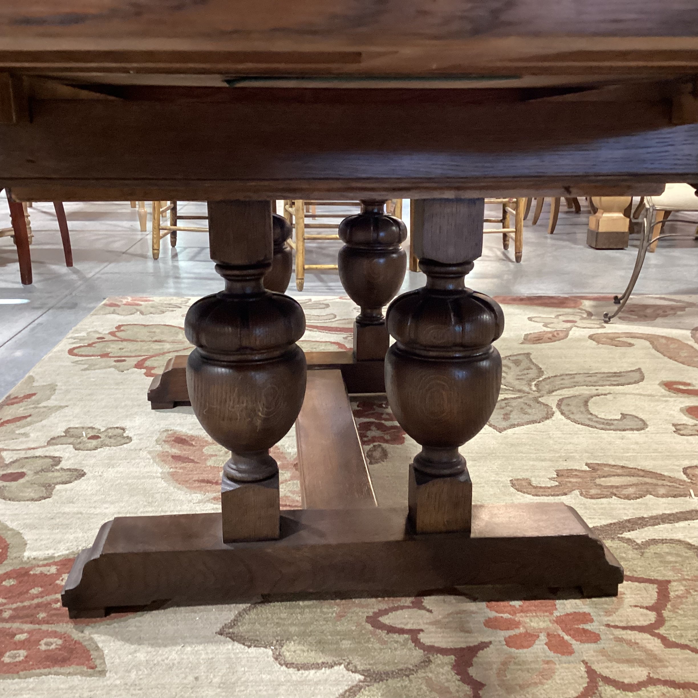 Antique Oak with Ornate Carved Trestle & 2 Extended End Leaves Dining Table 59" to 104"x 39"x 31"