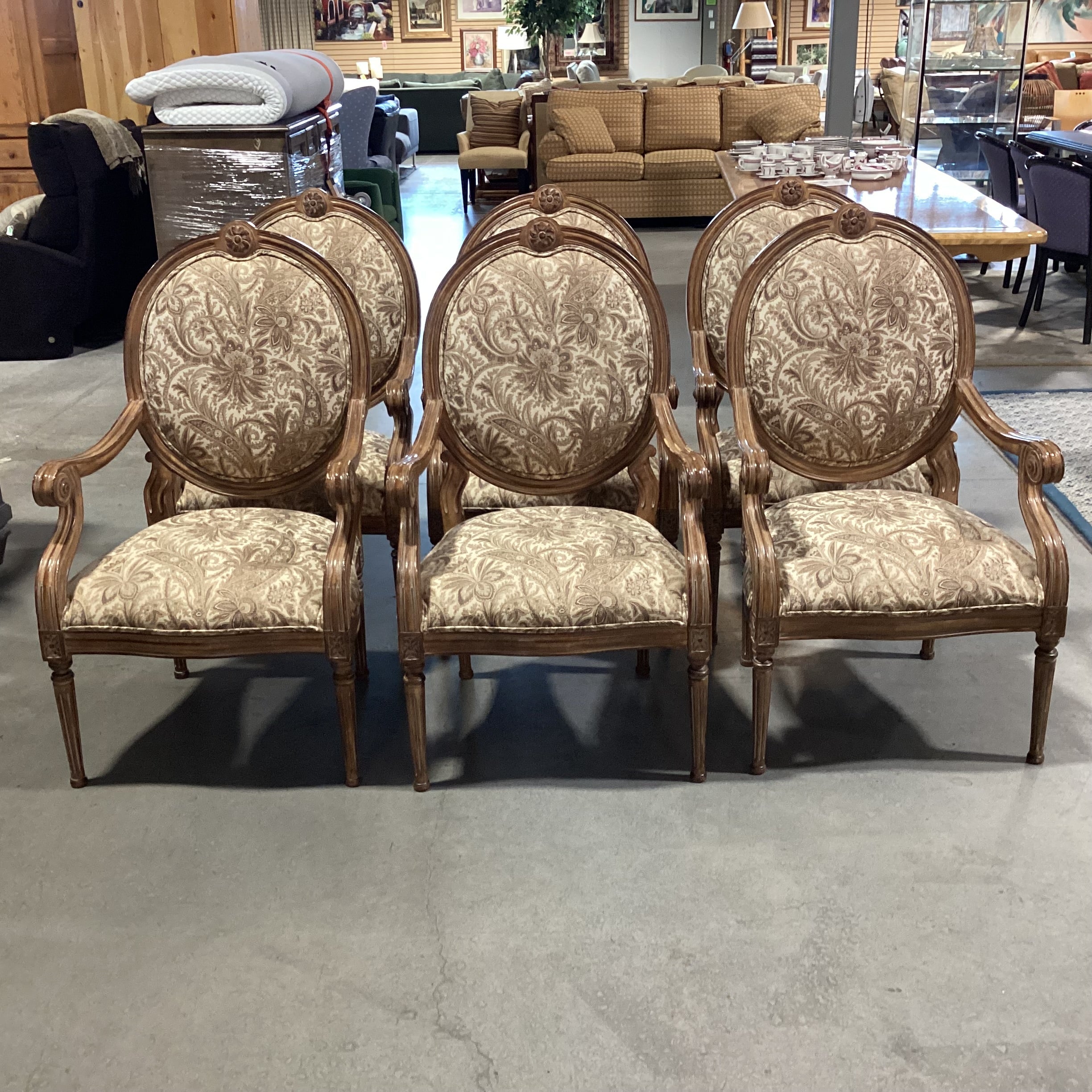 Set of 6 Kreiss Ivory Taupe & Gold Oval Back & Carved Wood Dining Chair 25"x 25"x 42"